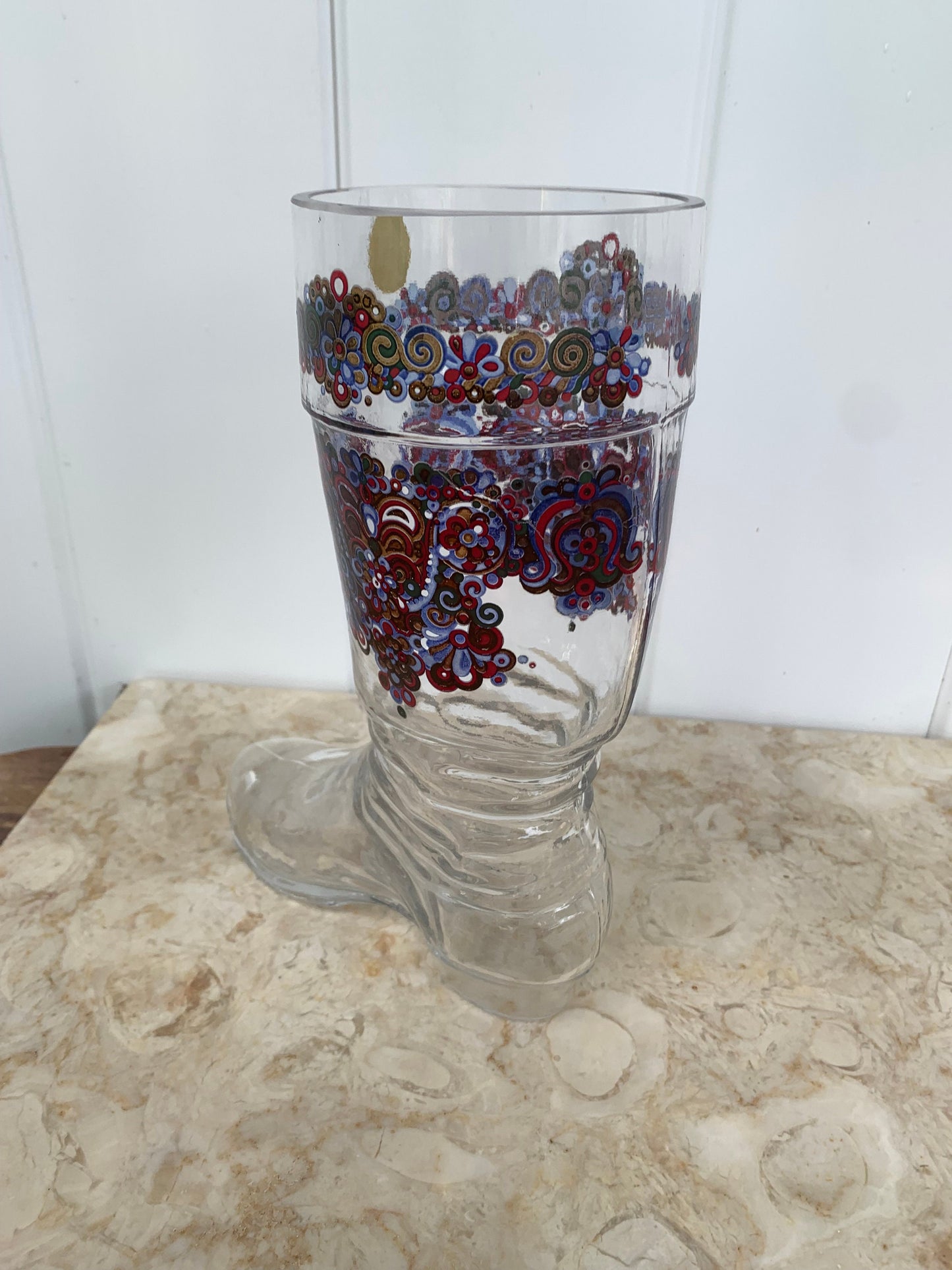 Vintage Extra Large Glass Boot with Blue and Red Paisley Print Made in Germany