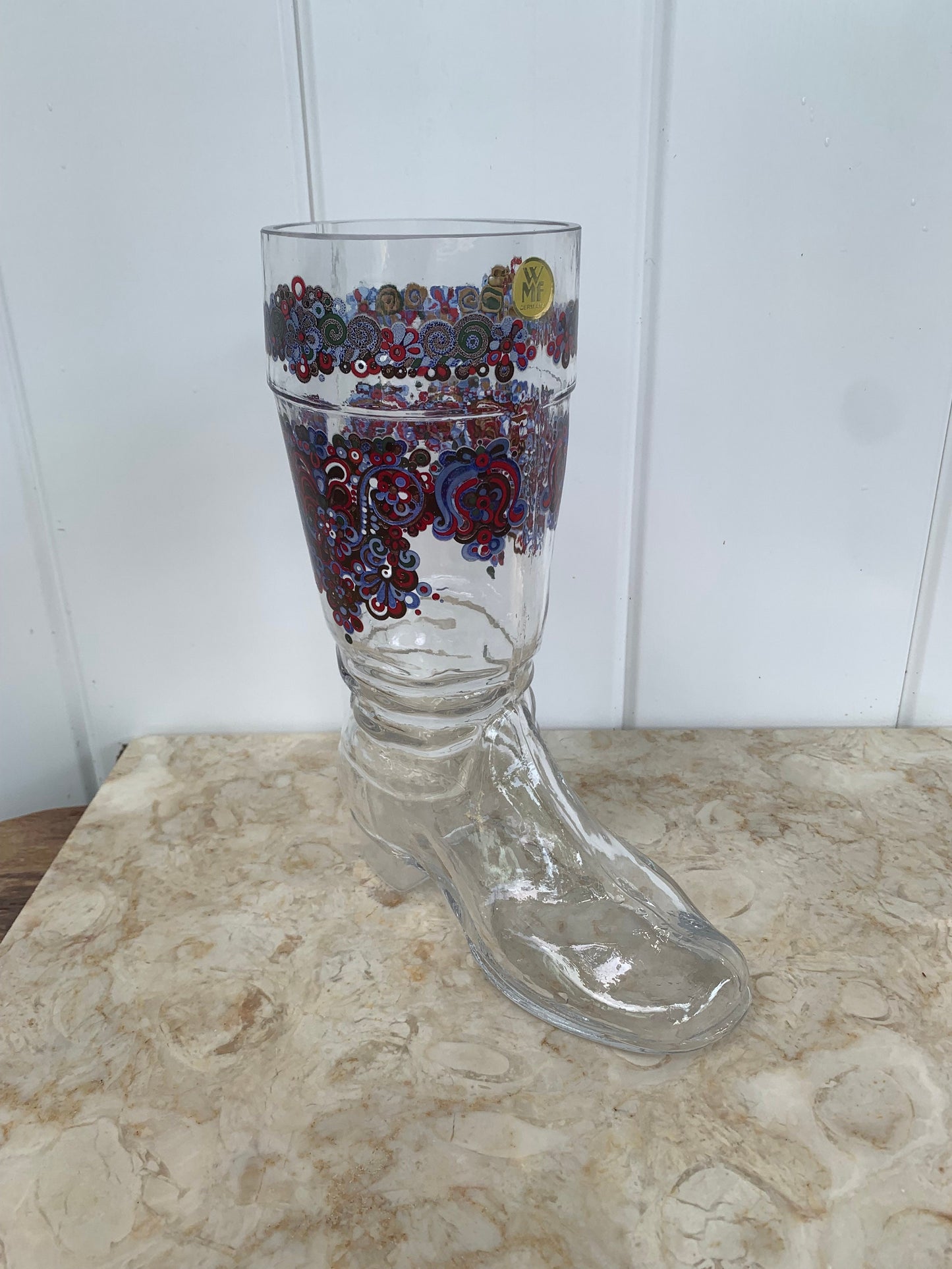 Vintage Extra Large Glass Boot with Blue and Red Paisley Print Made in Germany