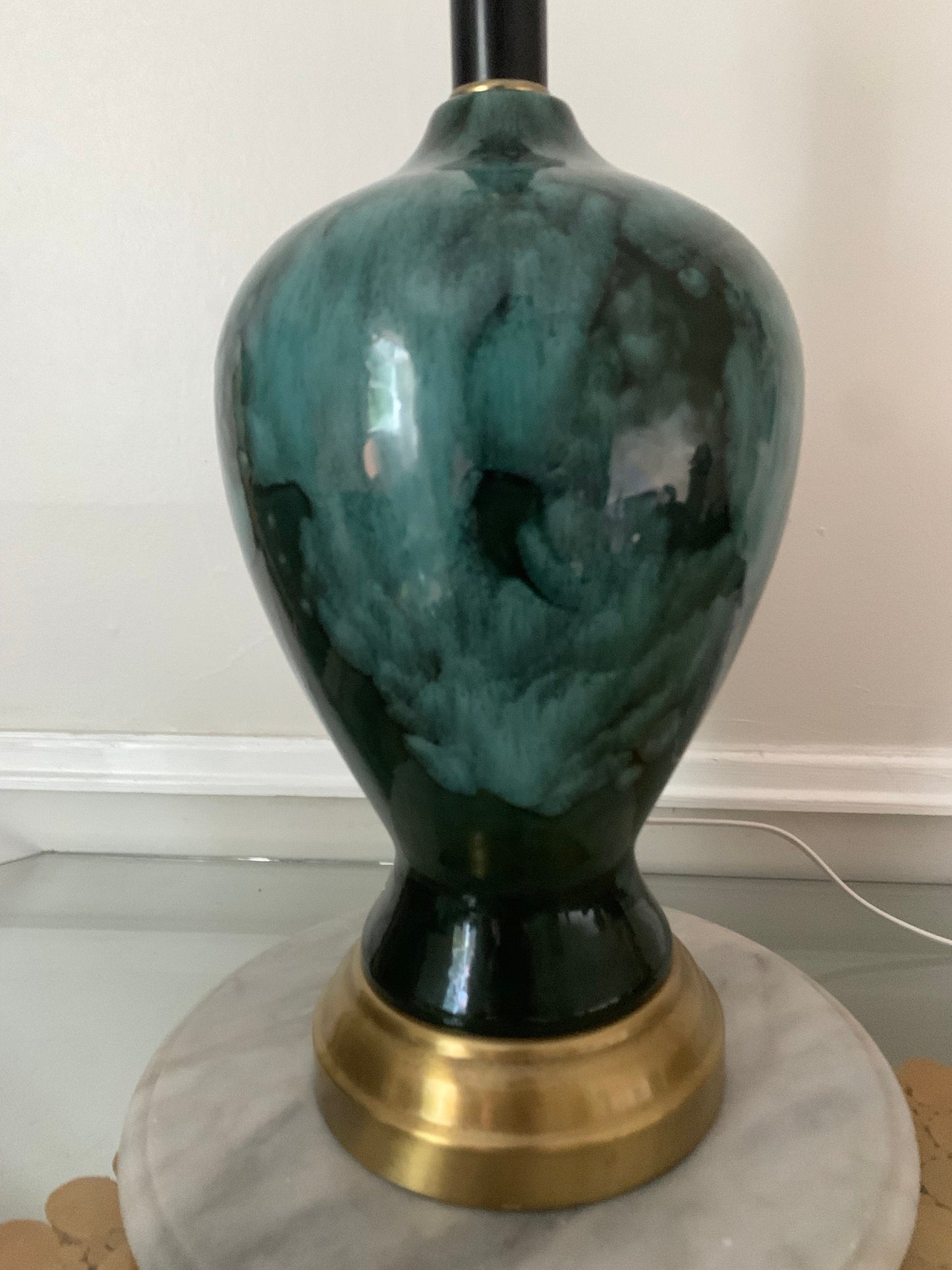 MCM Green Glazed Pottery Table Lamp No Shade