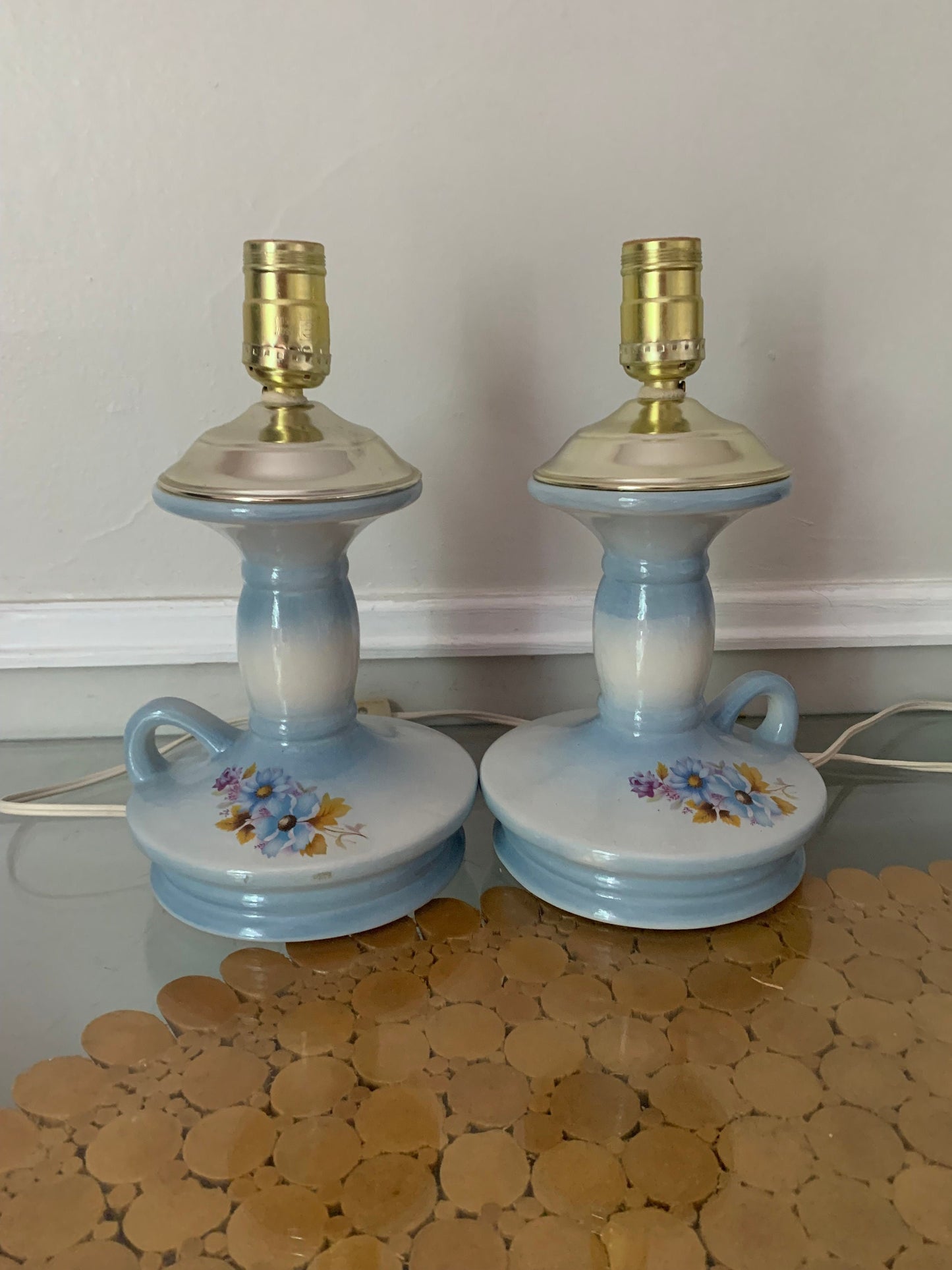 Pair of Small Vintage Soft Blue Ceramic Table Lamps No Shades