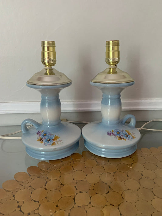 Pair of Small Vintage Soft Blue Ceramic Table Lamps No Shades