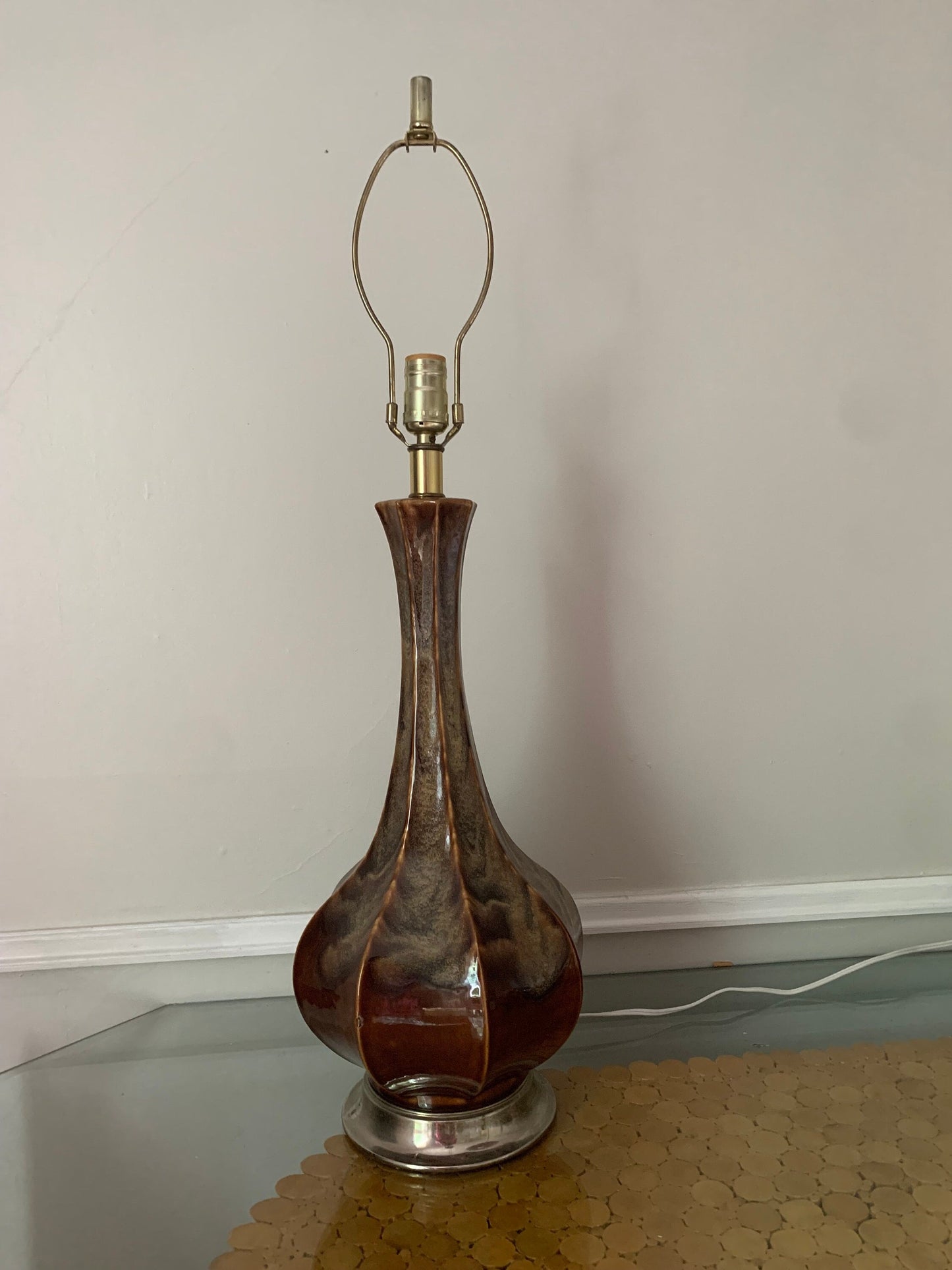 MCM Tall Glazed Brown Pottery Table Lamp No Shade