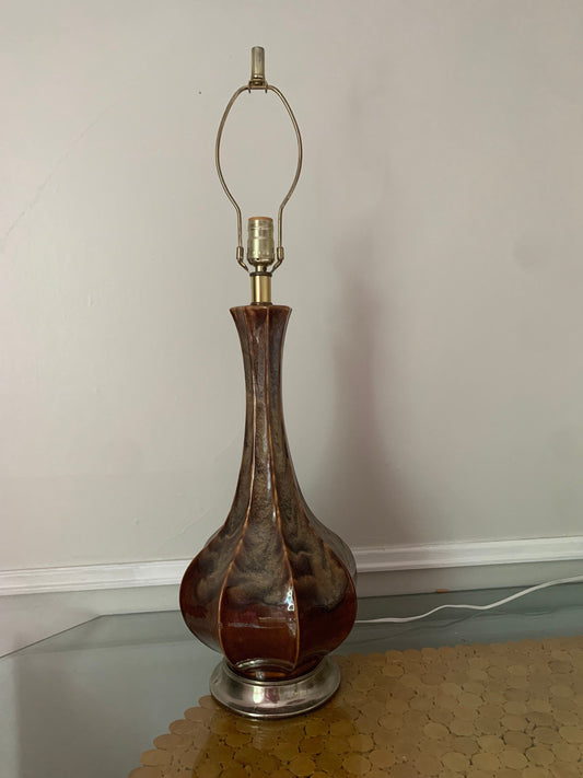 MCM Tall Glazed Brown Pottery Table Lamp No Shade