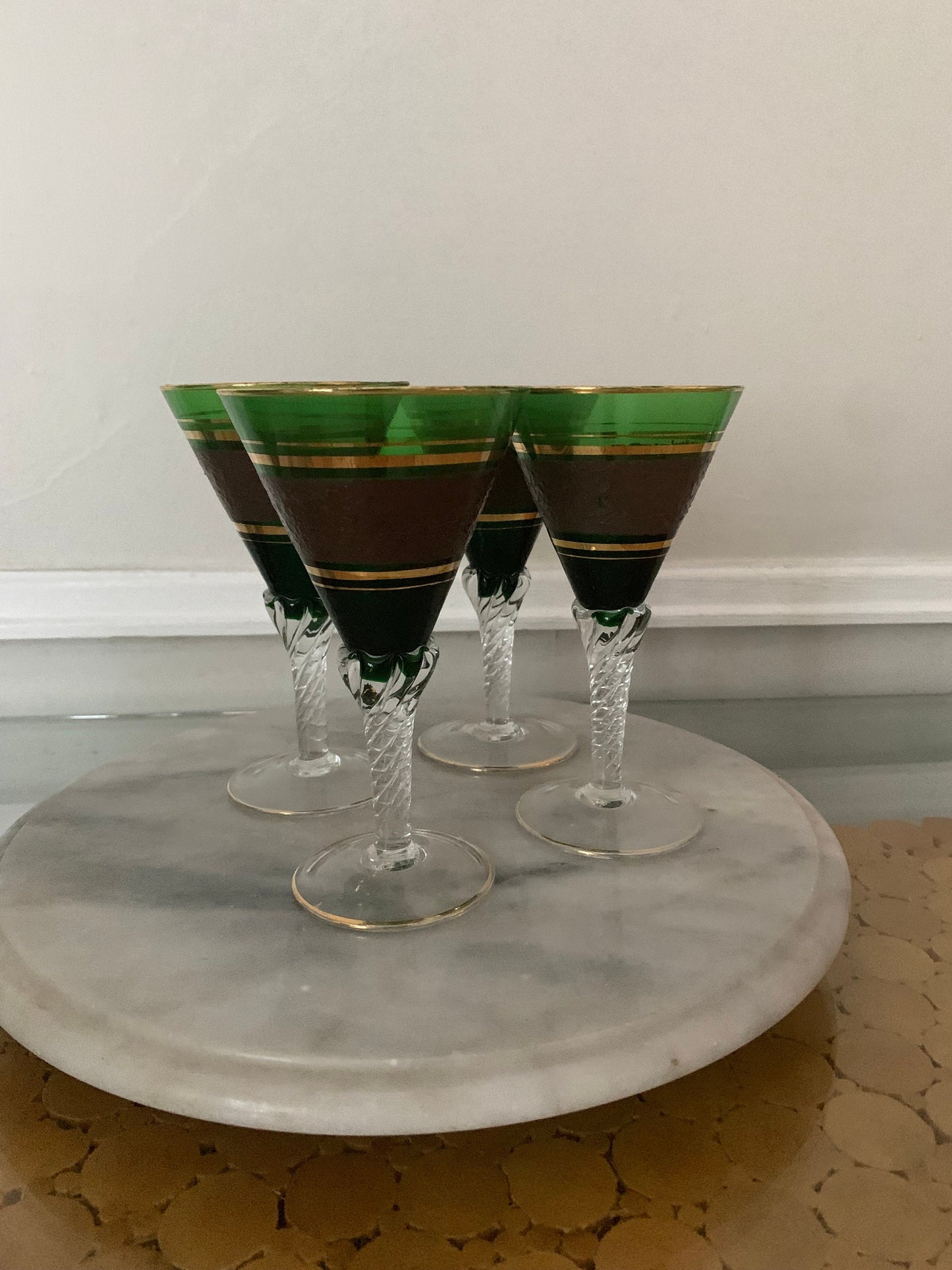 Vintage Set of 4 Short Emerald Green Wine Glasses with Brown and Gold