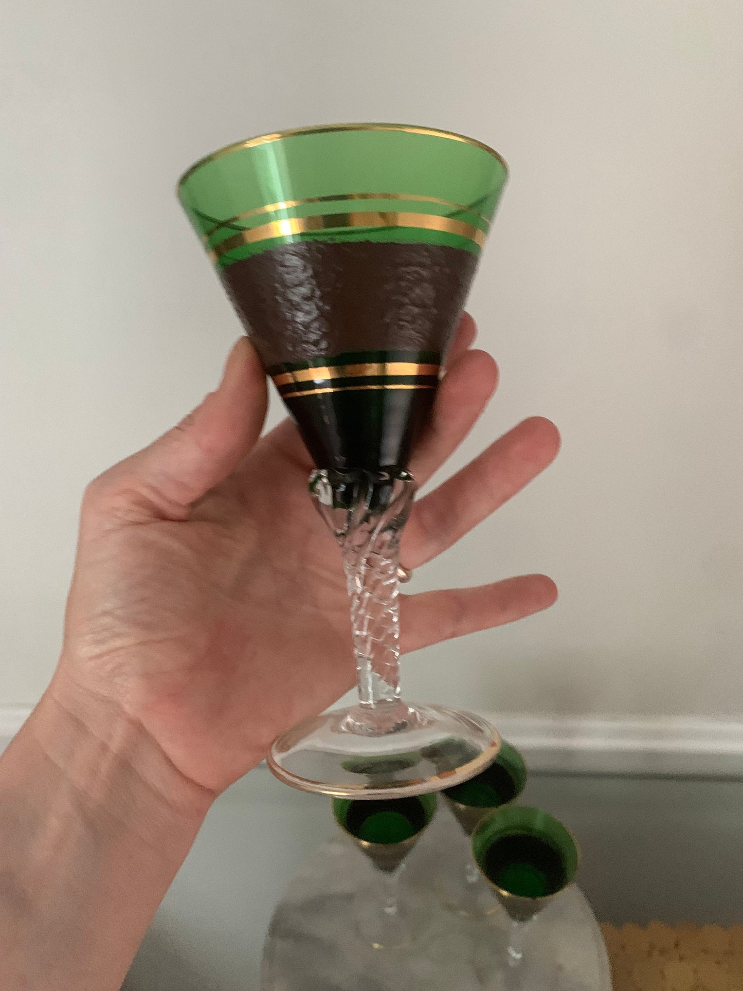 Vintage Set of 4 Short Emerald Green Wine Glasses with Brown and Gold