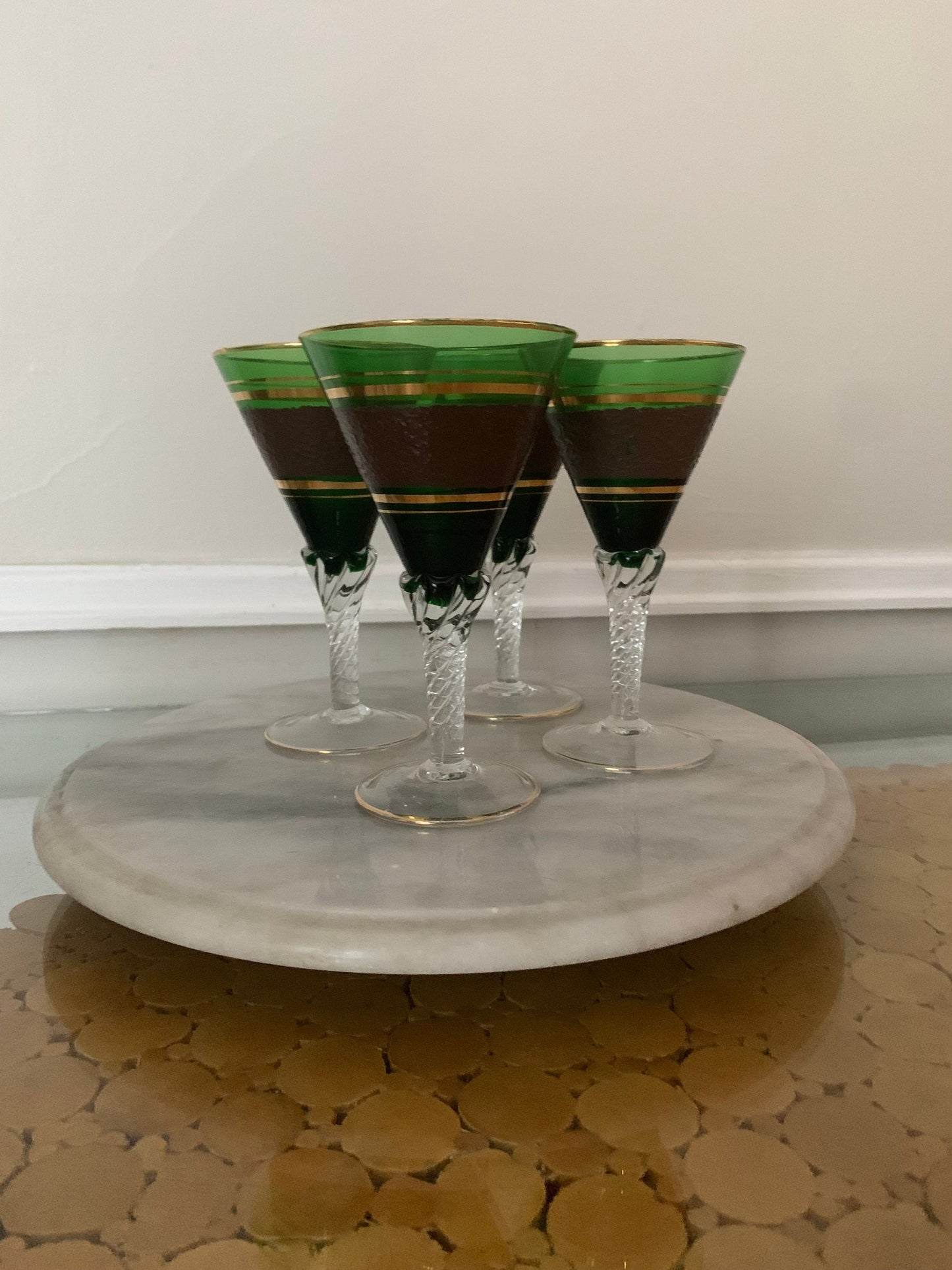 Vintage Set of 4 Short Emerald Green Wine Glasses with Brown and Gold