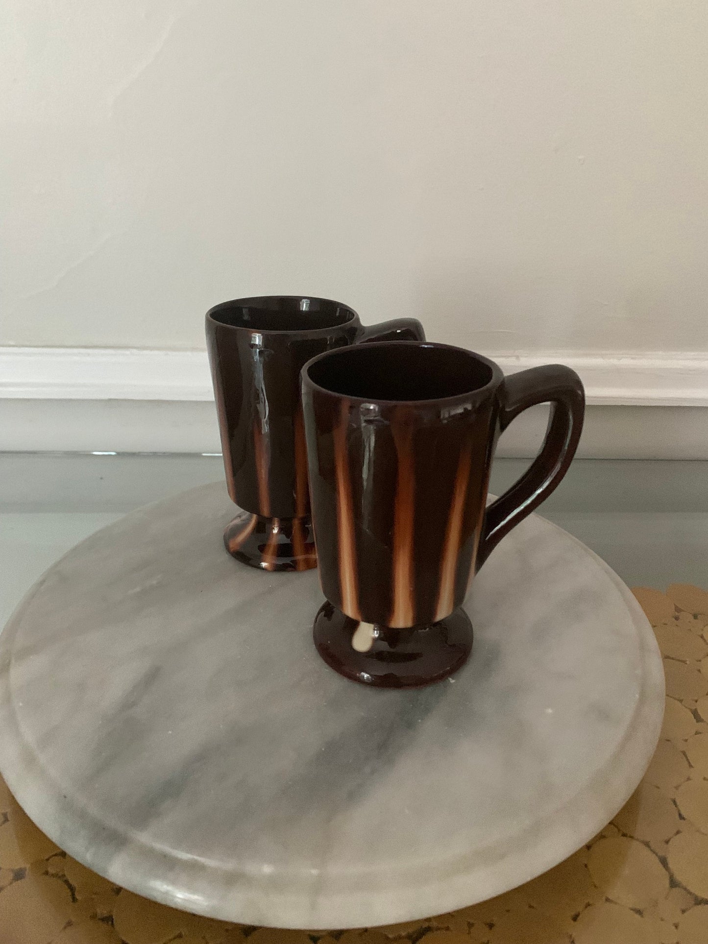 Set of 2 Vintage Brown and Cream Pedestal Pottery Mugs