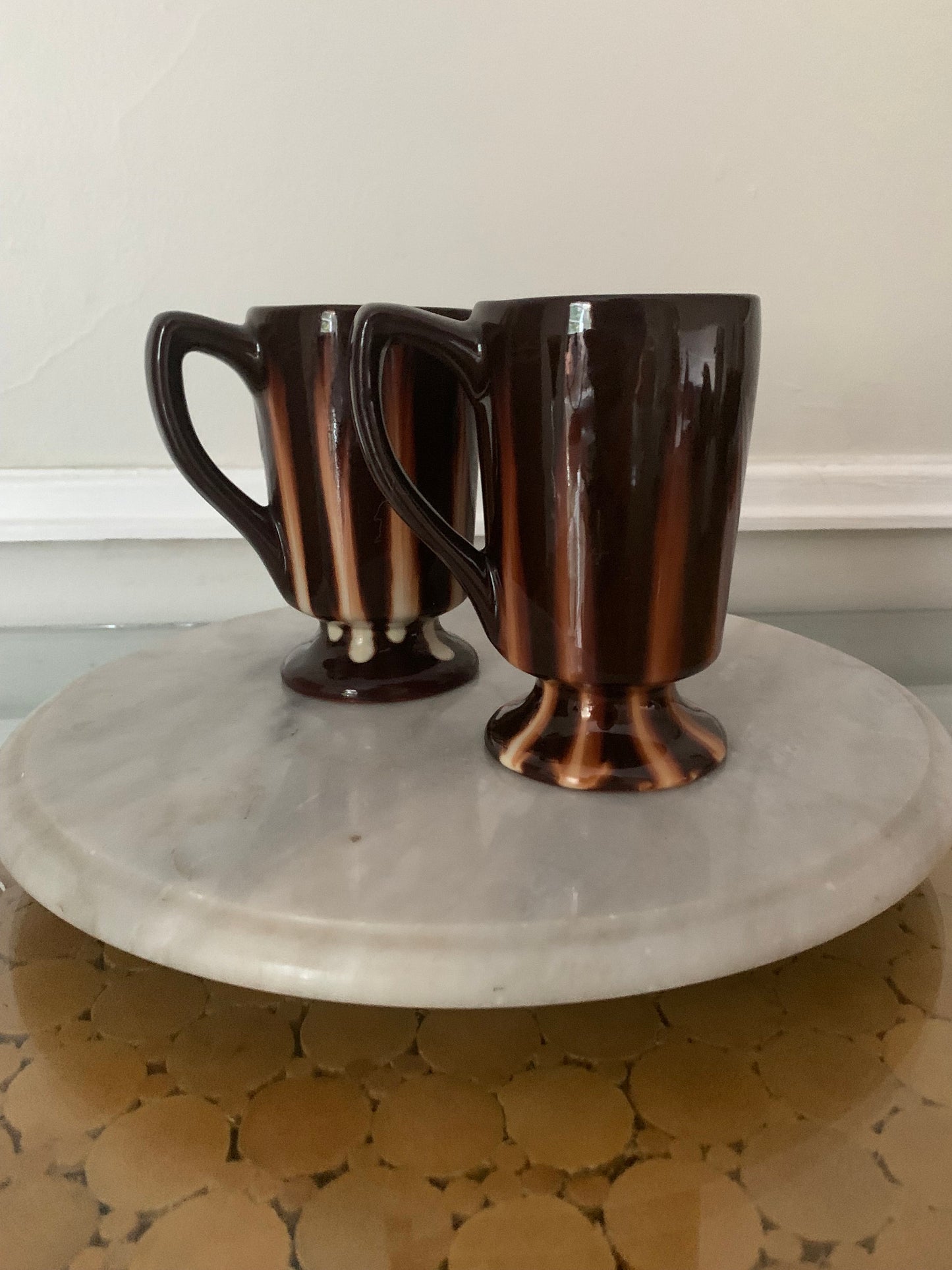 Set of 2 Vintage Brown and Cream Pedestal Pottery Mugs