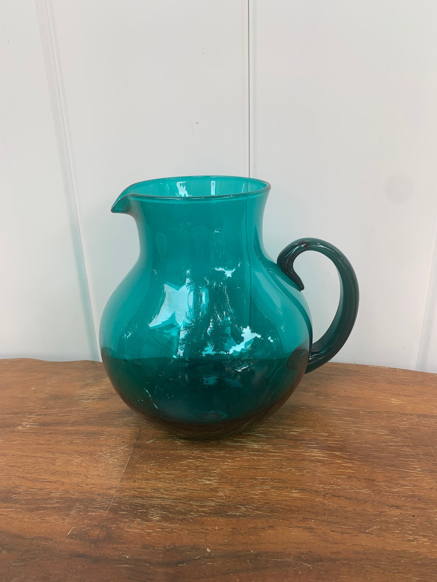Small Retro Clear Deep Turquoise Pitcher