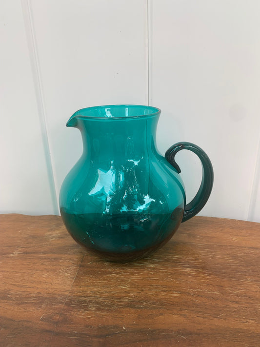 Small Retro Clear Deep Turquoise Pitcher