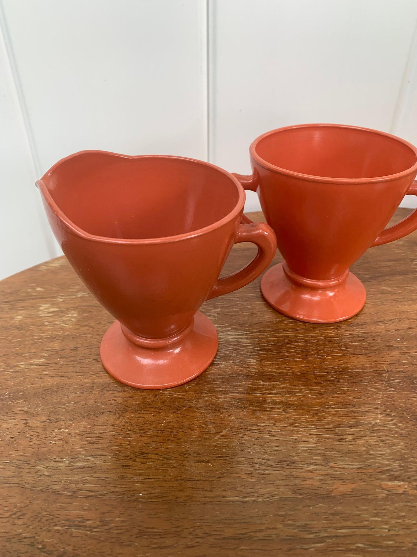 Vintage Hazel Atlas Ovide Pattern Platonite Burtn Orange Rust Moderntone Sugar and Cream Set