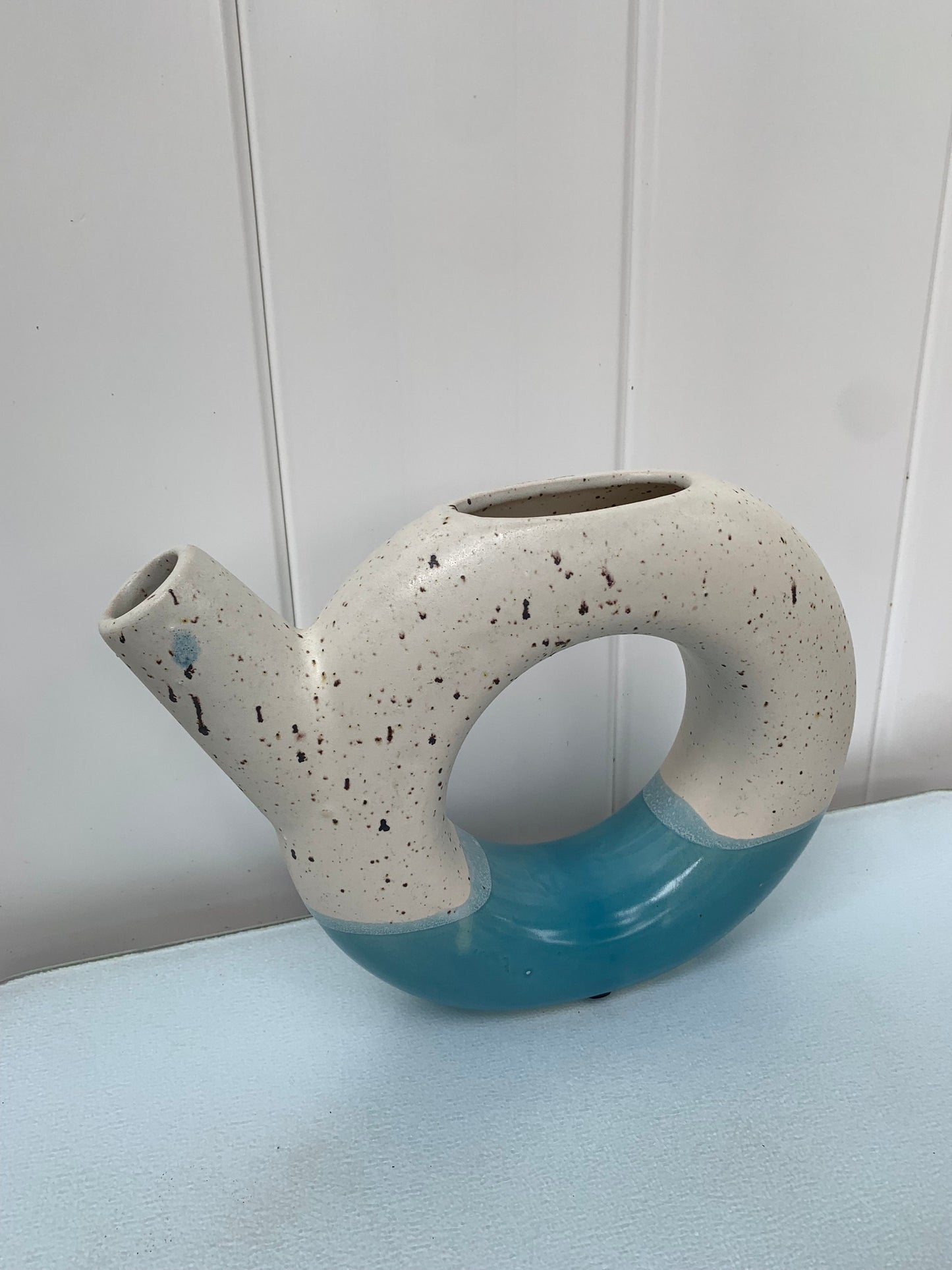 Retro Round Natural Speckled  and Teal Ceramic Watering Can