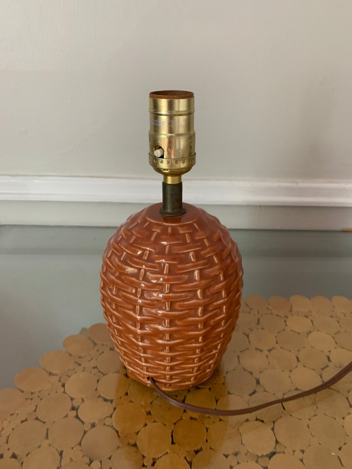 Vintage  Small Orangey Brown Ceramic Basketweave Lamp No Shade