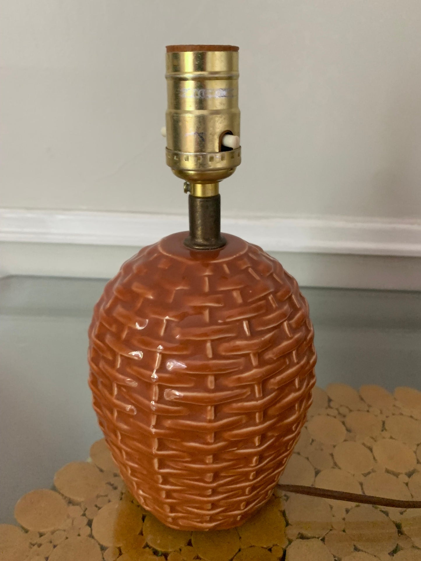 Vintage  Small Orangey Brown Ceramic Basketweave Lamp No Shade