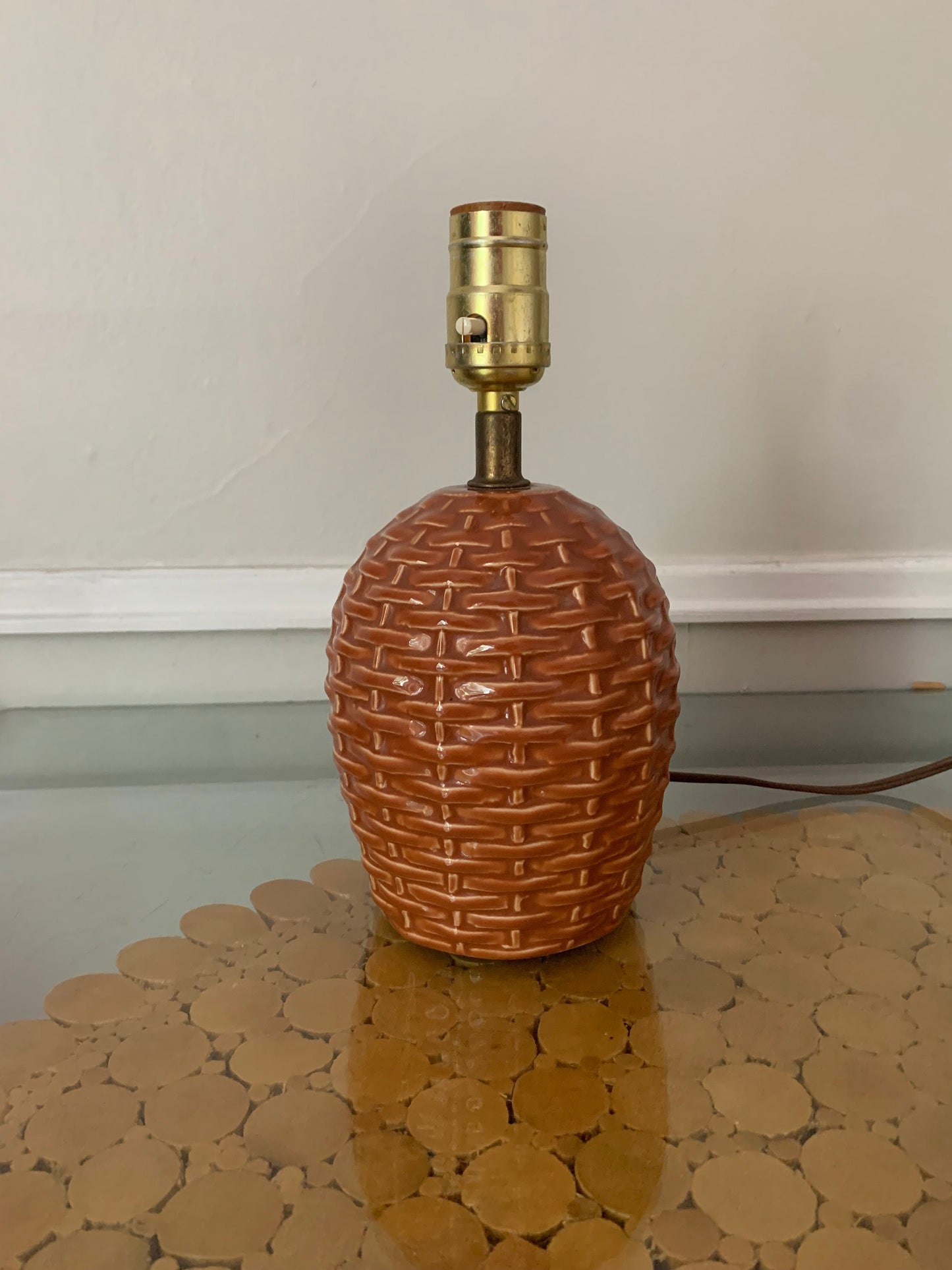 Vintage  Small Orangey Brown Ceramic Basketweave Lamp No Shade
