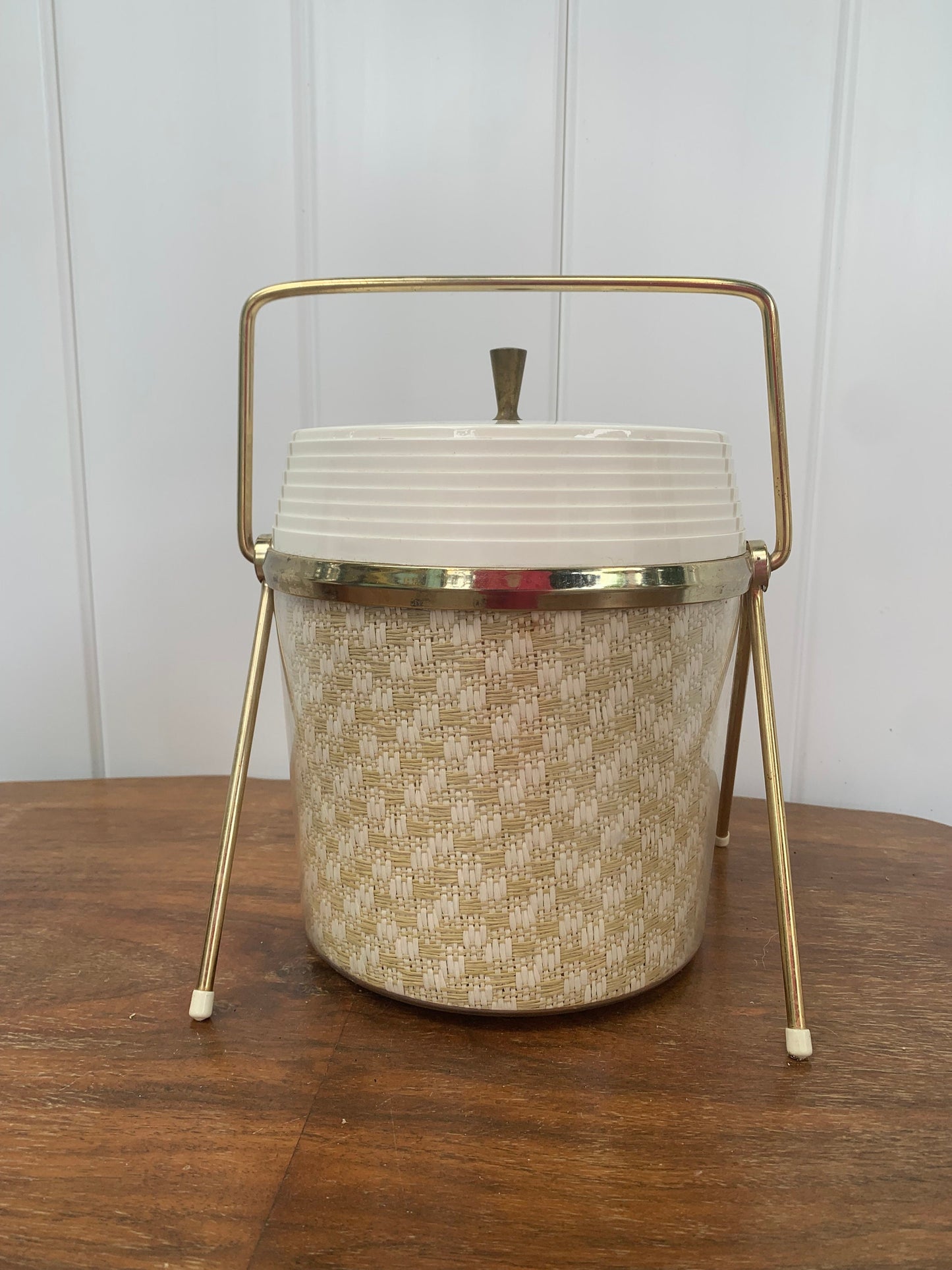 MCM White Woven Raffia Insulated Ice Bucket with Brass Stand