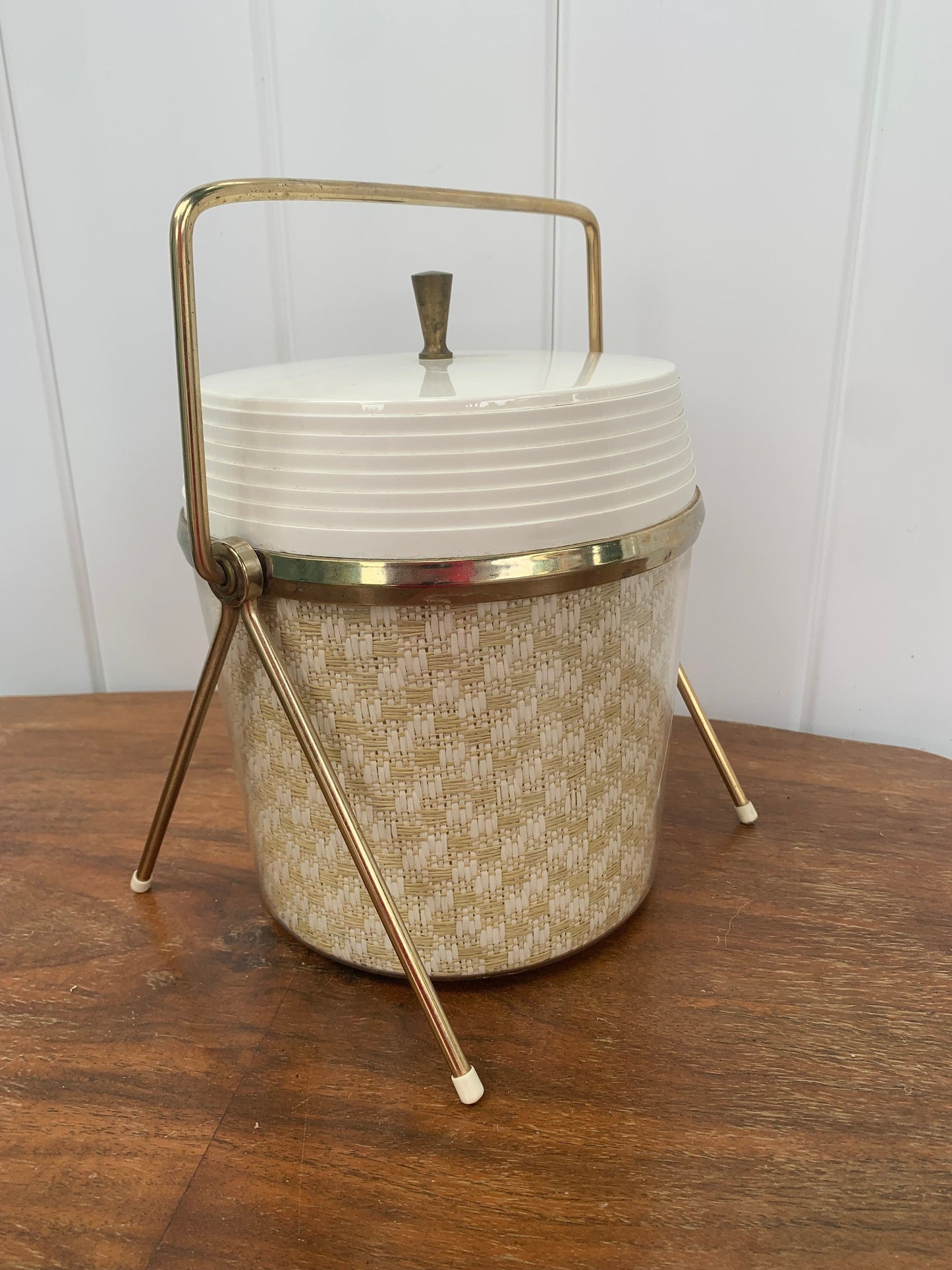 MCM White Woven Raffia Insulated Ice Bucket with Brass Stand