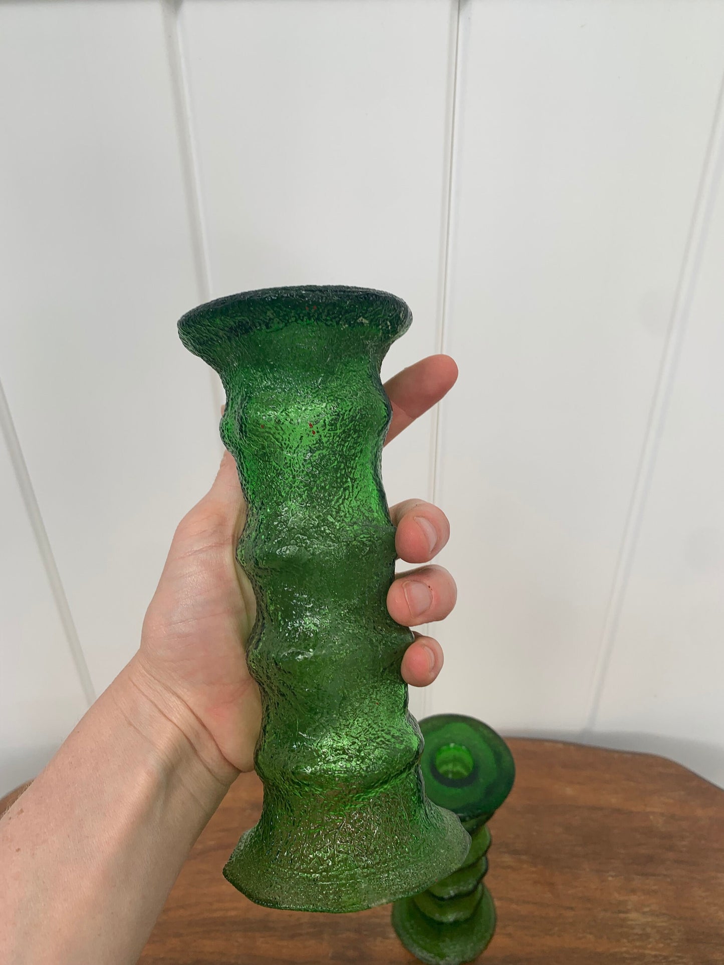Pair of Vintage Textured Green Glass Vases Made in USA