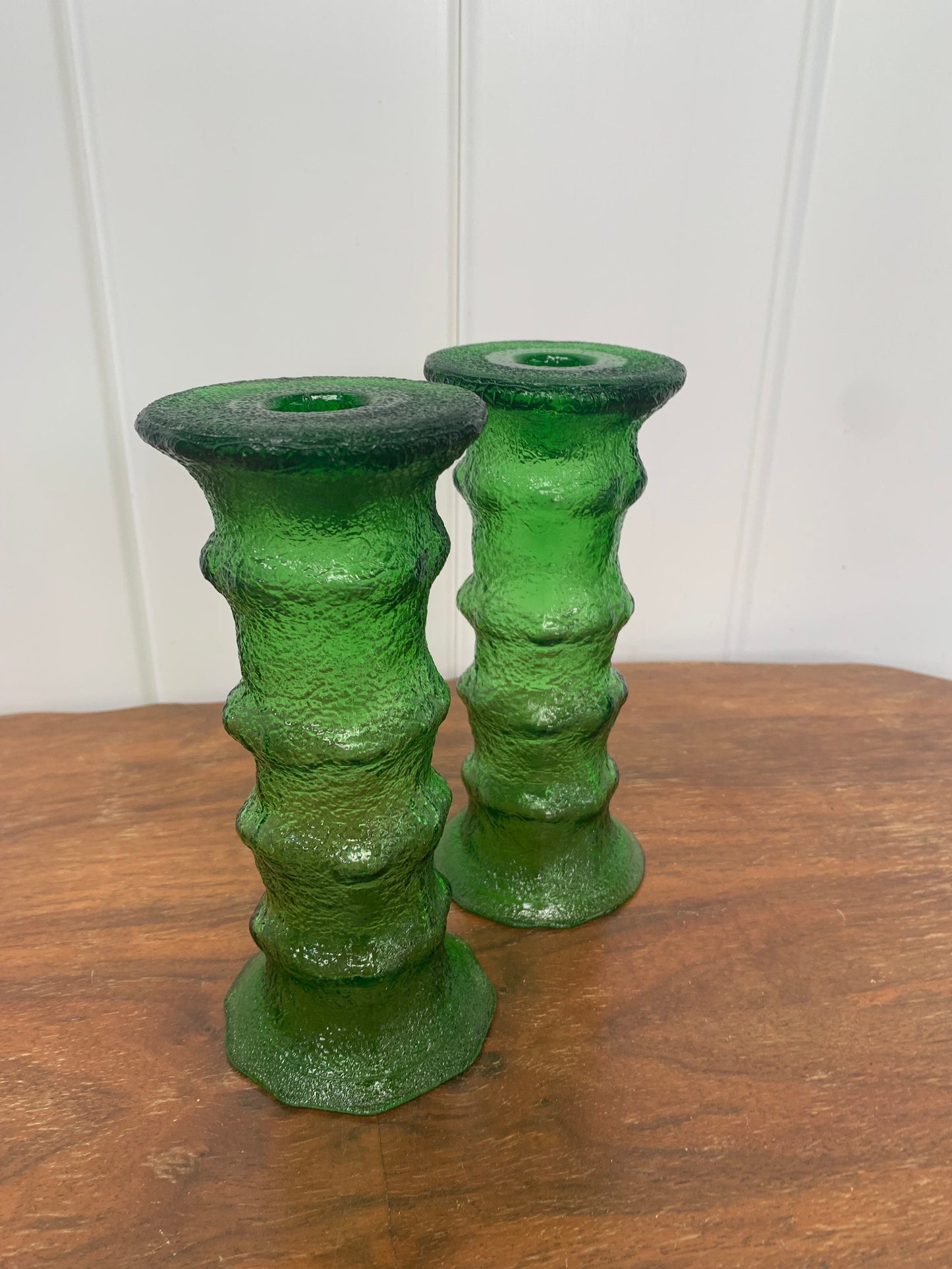 Pair of Vintage Textured Green Glass Vases Made in USA