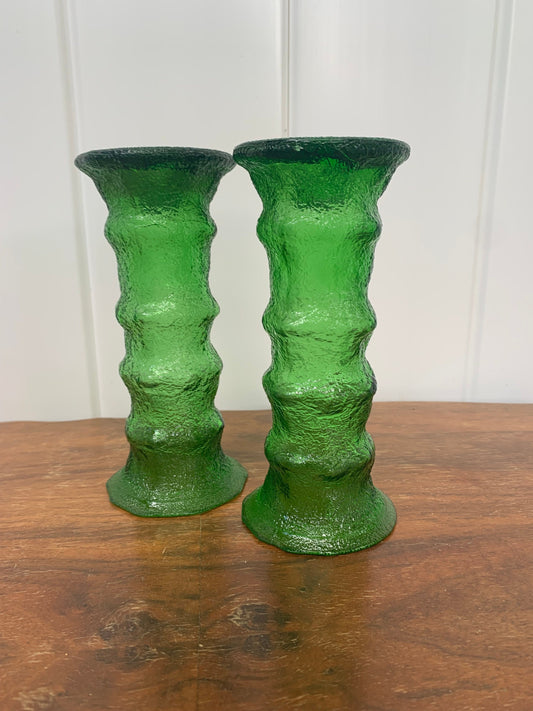Pair of Vintage Textured Green Glass Vases Made in USA