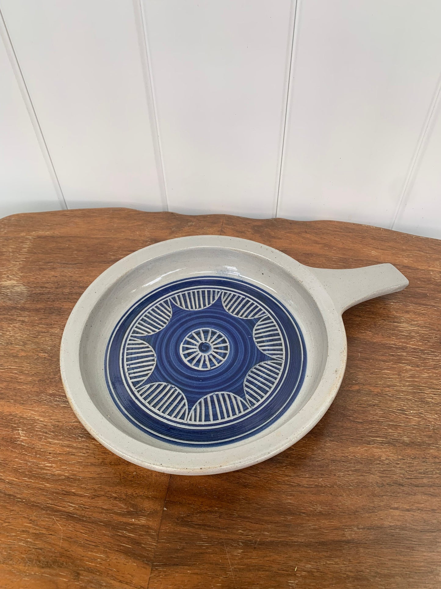 Large Handmade Gray and Blue Pottery Dish with Handle