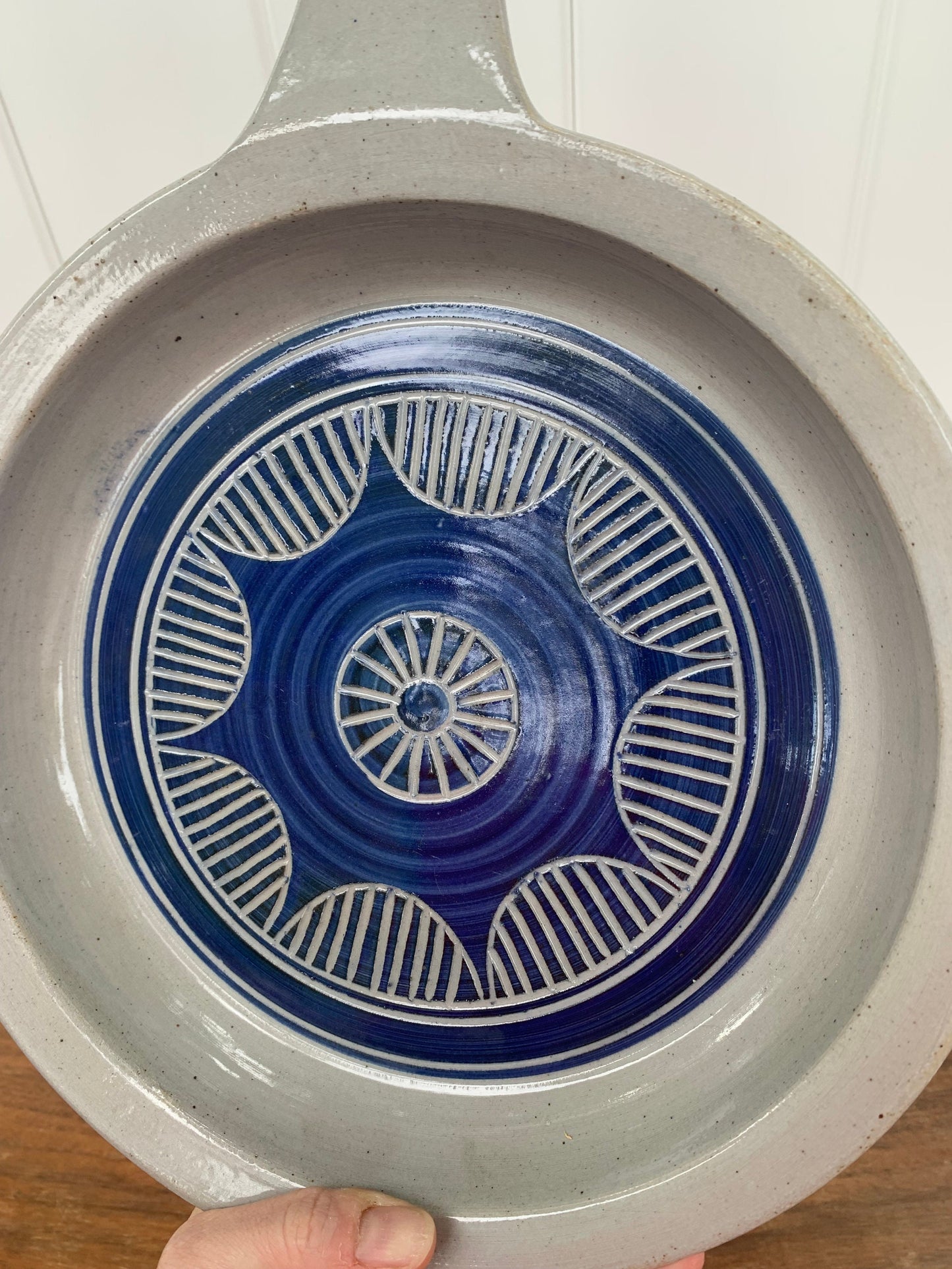 Large Handmade Gray and Blue Pottery Dish with Handle