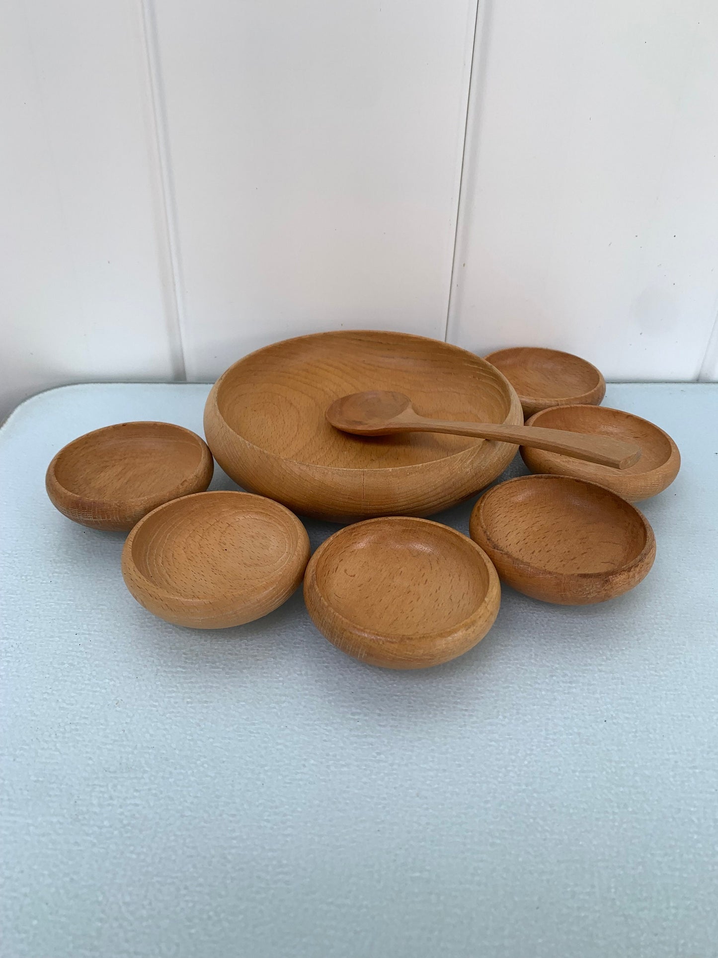 Vintage Maple Wood Condiment Bowl with 6 Mini Bowls and Spoon