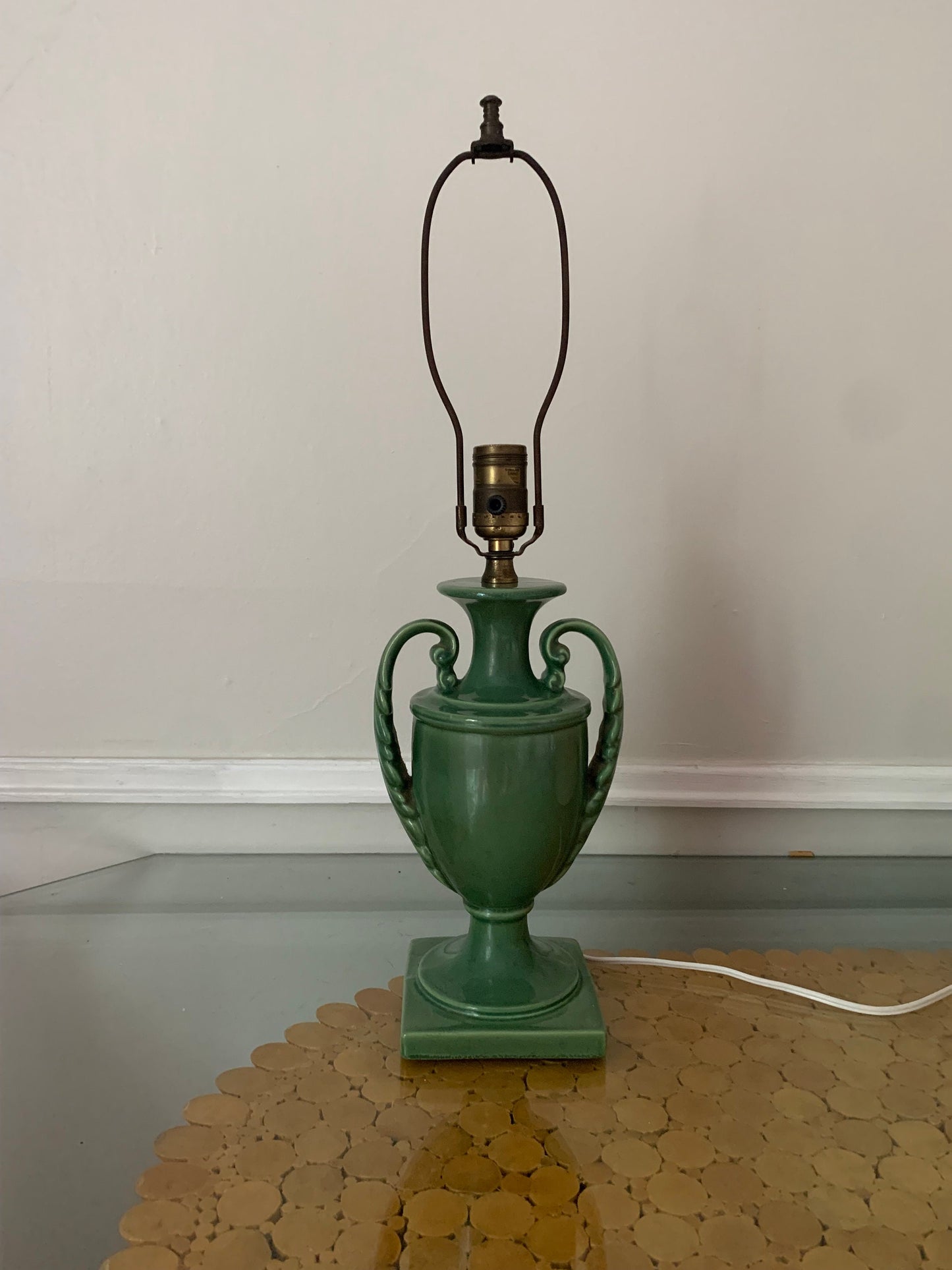 Antique Deep Green Pedestal Ceramic Lamp with Handles No Shade