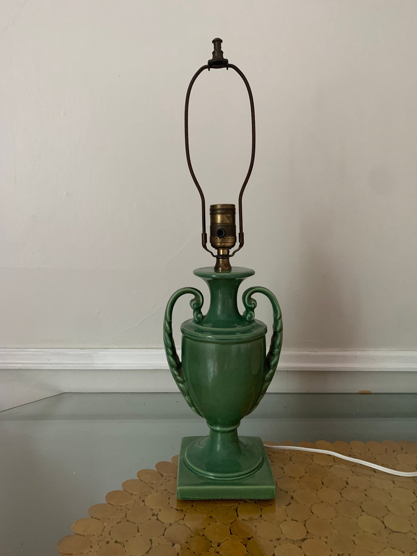 Antique Deep Green Pedestal Ceramic Lamp with Handles No Shade