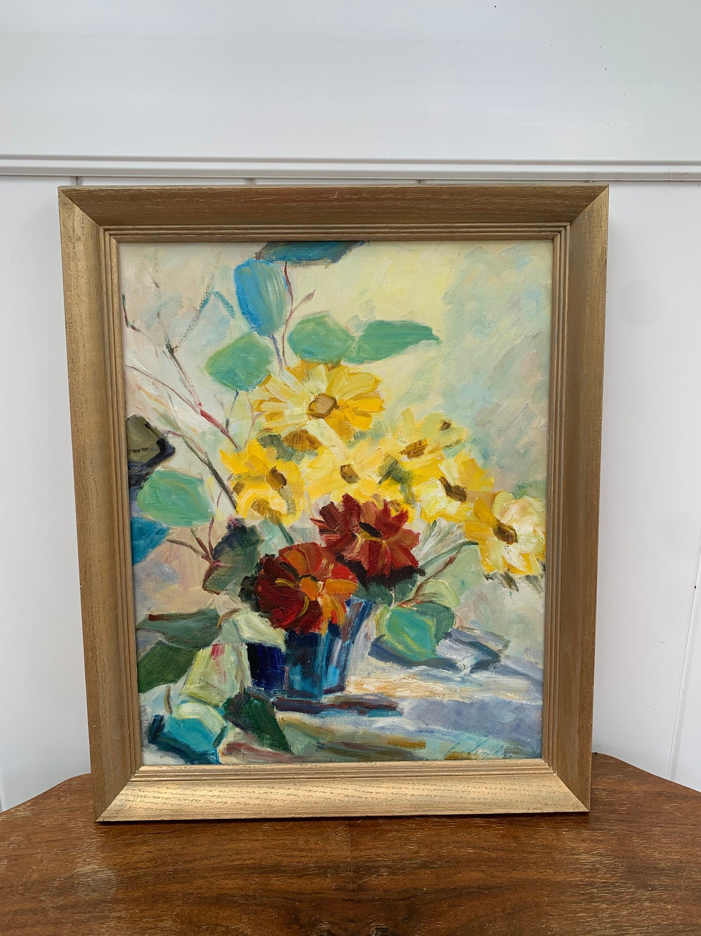 Vintage Large Bright Floral Painting in Gold Wood Frame