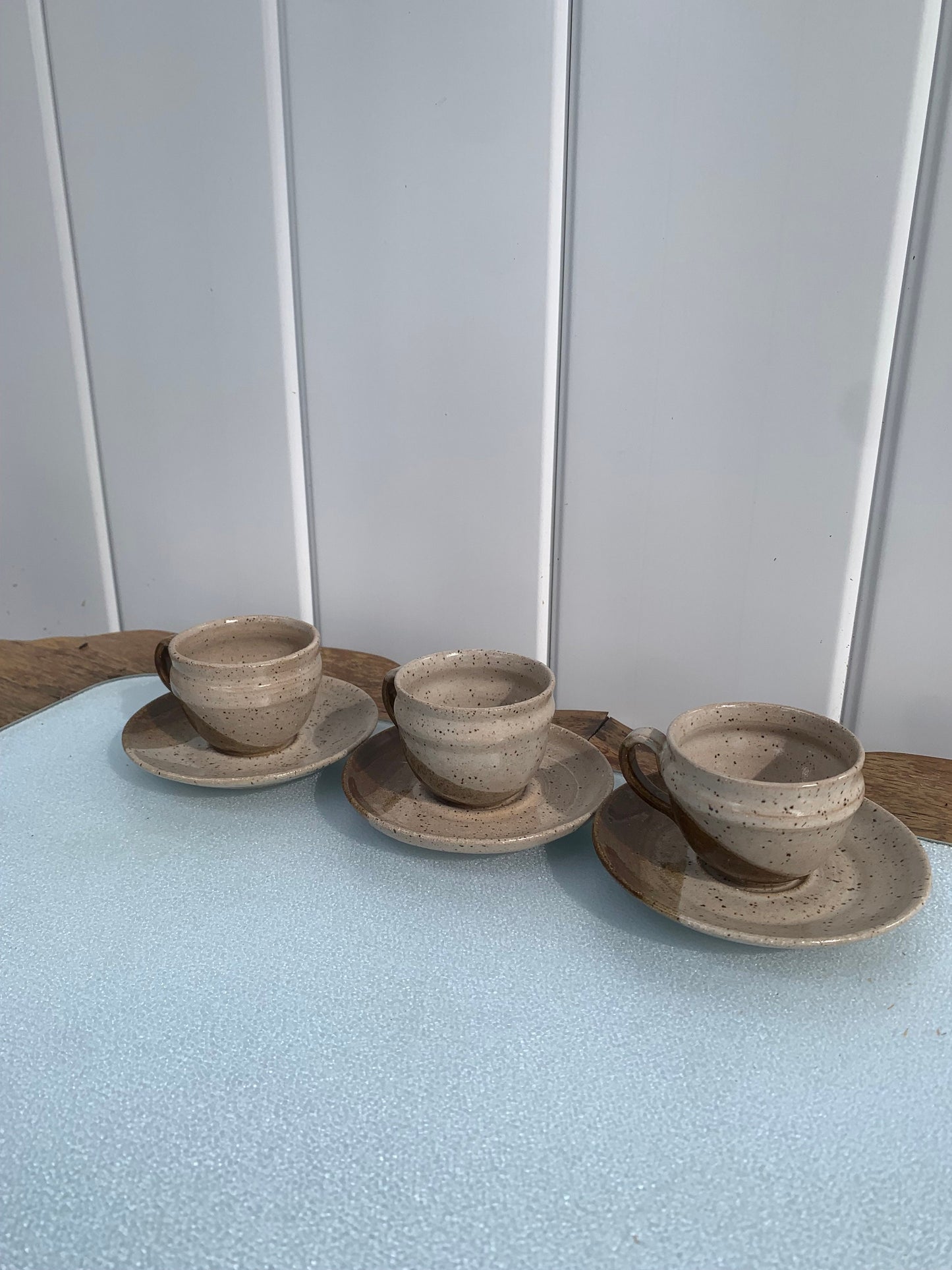 Vintage Set of 3 Brown Striped Pottery Espresso Cups and Saucers