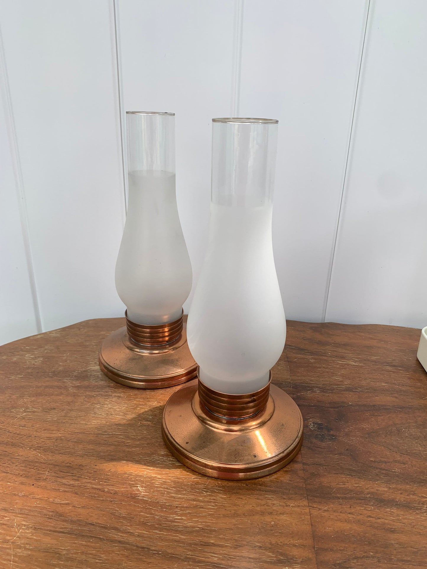 Pair of Vintage Venetian Copper Candle Holders and Frosted Glass Hurricane Shades
