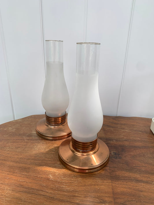 Pair of Vintage Venetian Copper Candle Holders and Frosted Glass Hurricane Shades