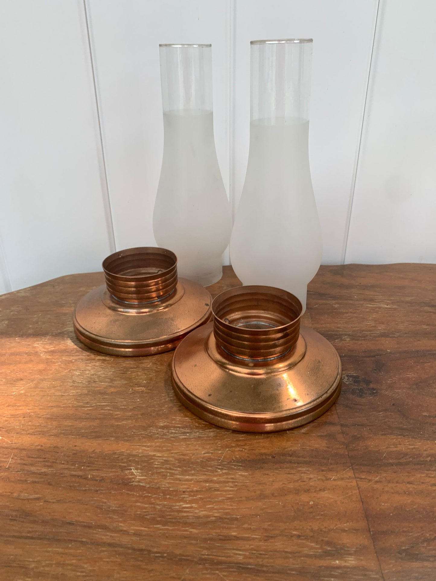 Pair of Vintage Venetian Copper Candle Holders and Frosted Glass Hurricane Shades