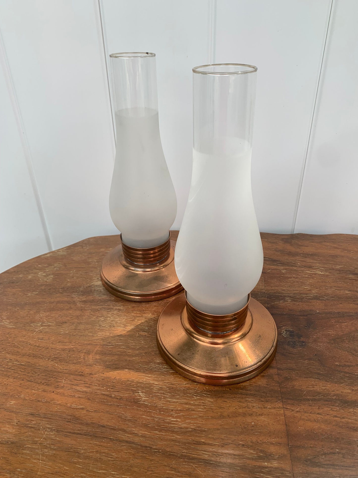 Pair of Vintage Venetian Copper Candle Holders and Frosted Glass Hurricane Shades
