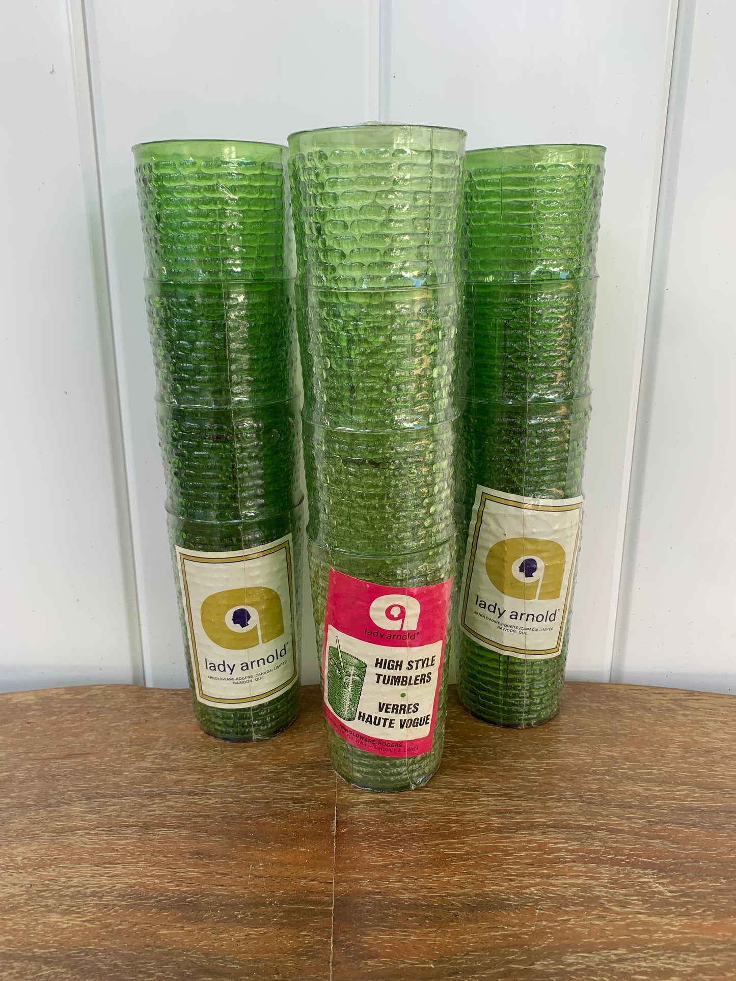 Set of 3 Packages of 4 Vintage Lady Arnold Olive Green Textured Plastic Tumblers Made in Canada in Original Packaging