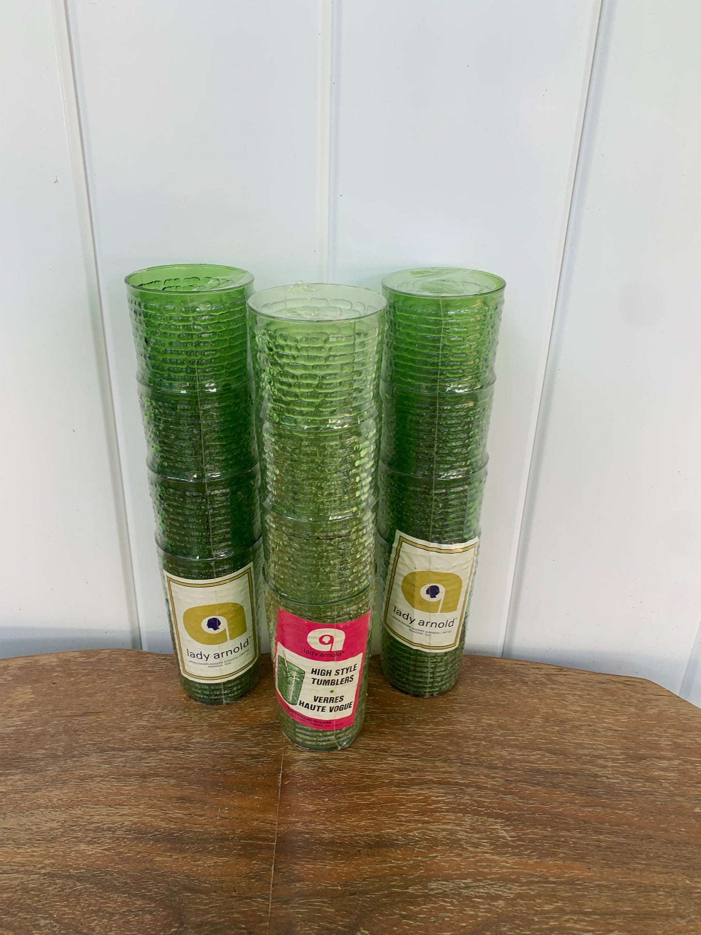 Set of 3 Packages of 4 Vintage Lady Arnold Olive Green Textured Plastic Tumblers Made in Canada in Original Packaging