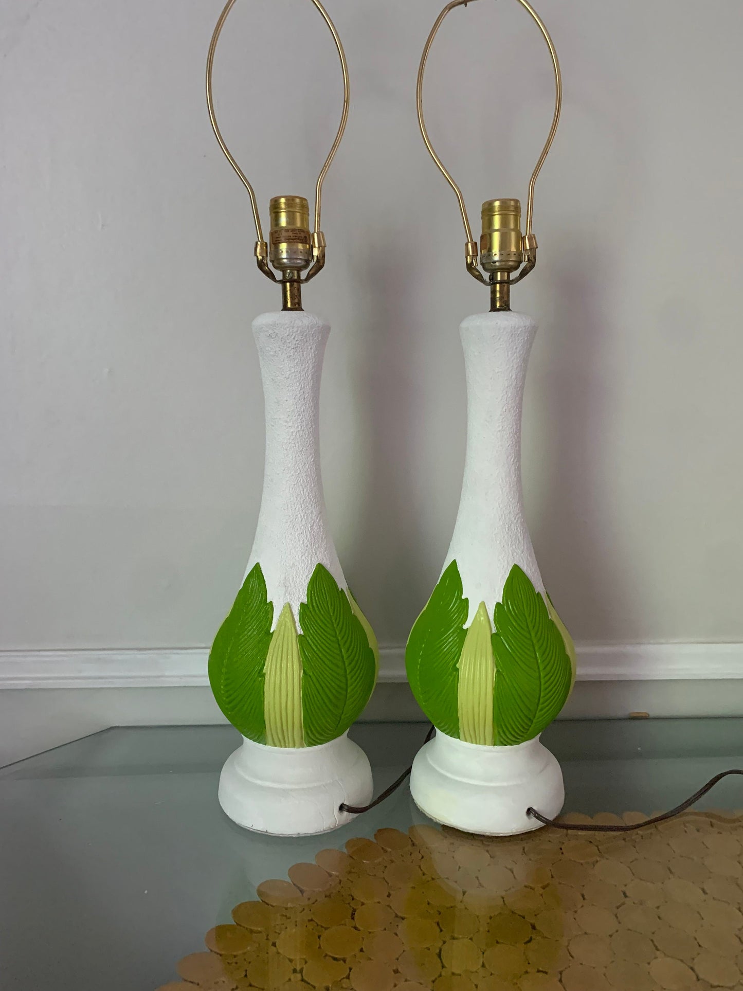 Pair of Tall MCM White Chalkware Table Lamps with Green Leaves No Shades