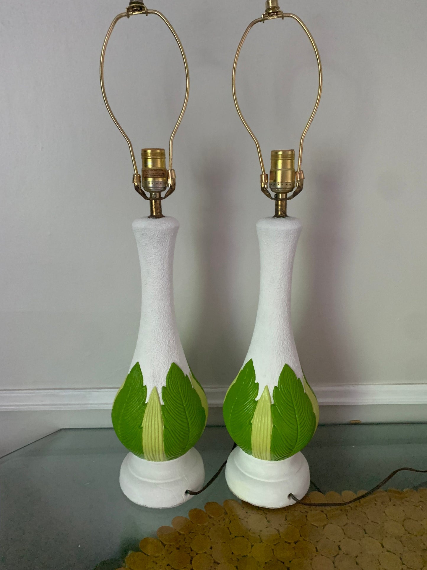 Pair of Tall MCM White Chalkware Table Lamps with Green Leaves No Shades