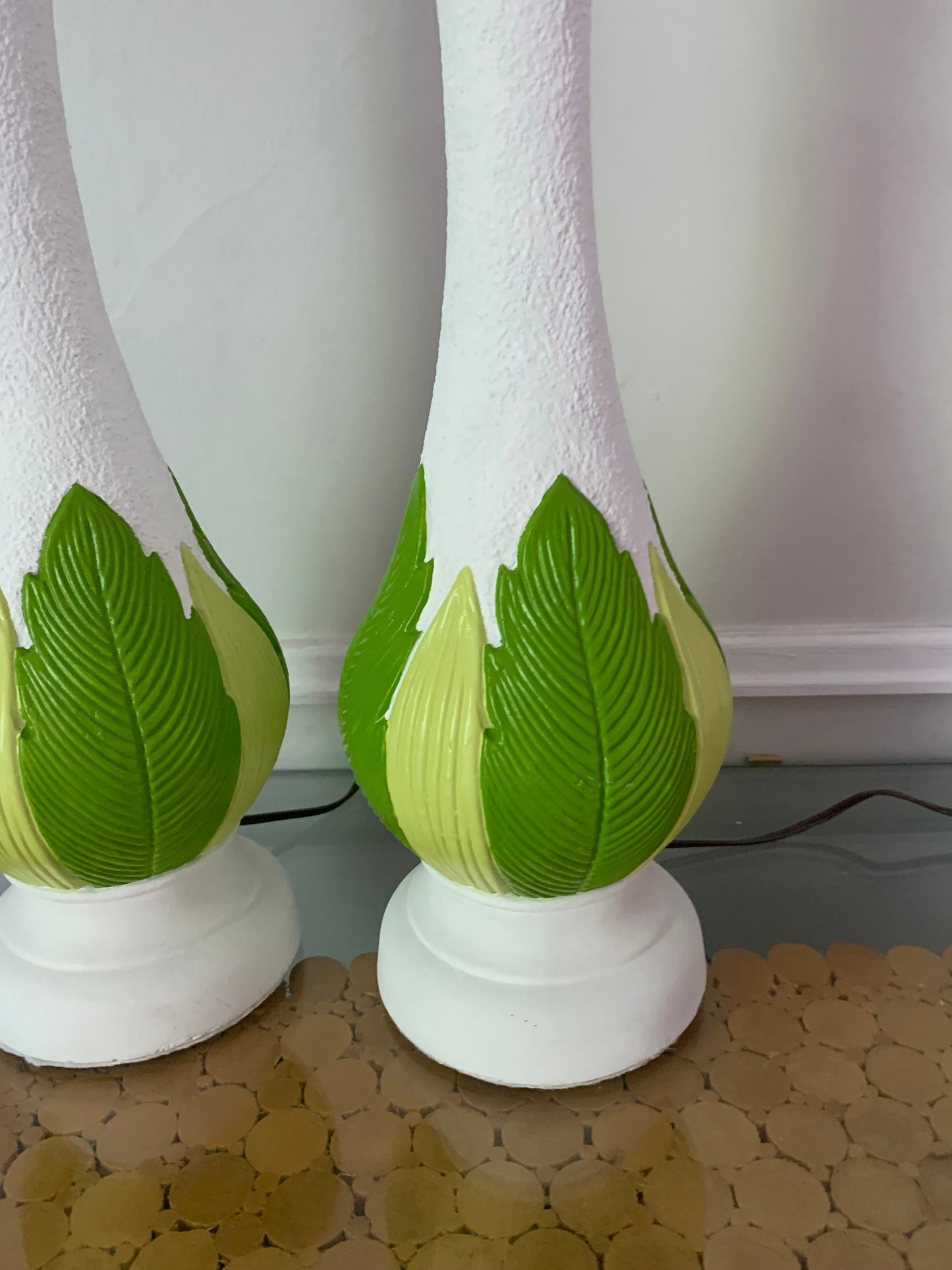 Pair of Tall MCM White Chalkware Table Lamps with Green Leaves No Shades
