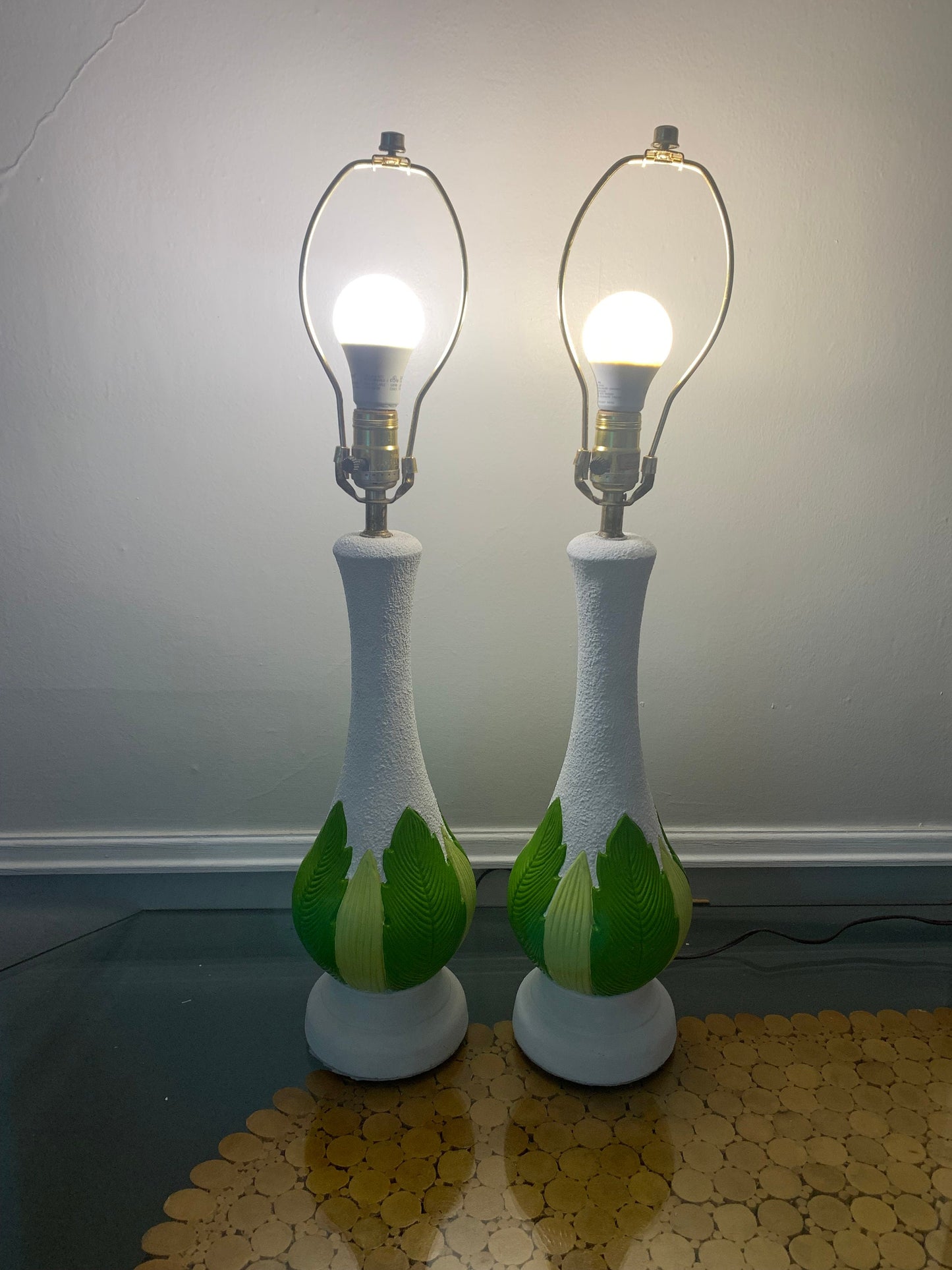 Pair of Tall MCM White Chalkware Table Lamps with Green Leaves No Shades
