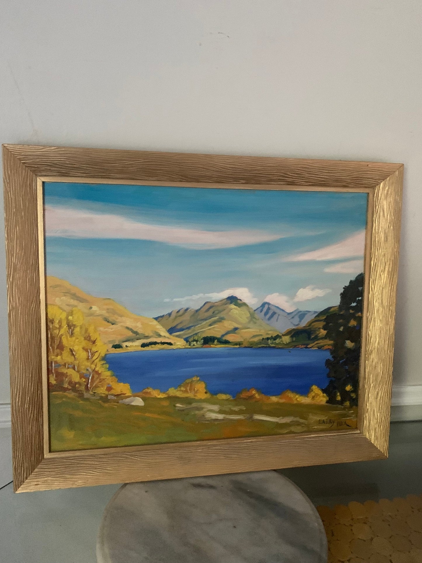 Vintage Bright Blue Medium Fall Scene in Gold Wood Frame