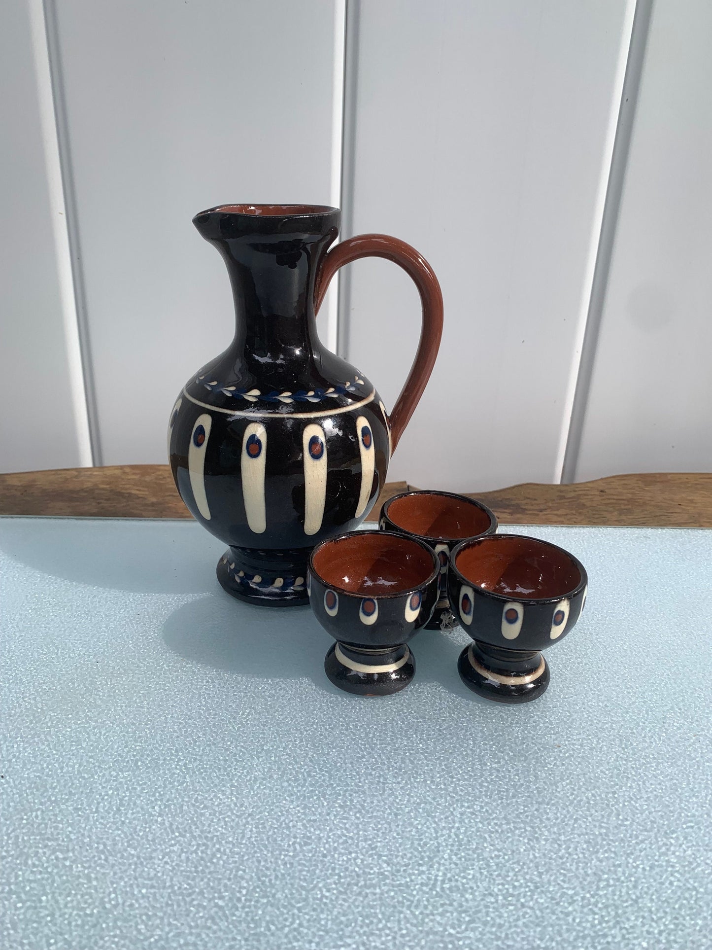 Vintage Brown Pottery Decanter with 3 Small Cups