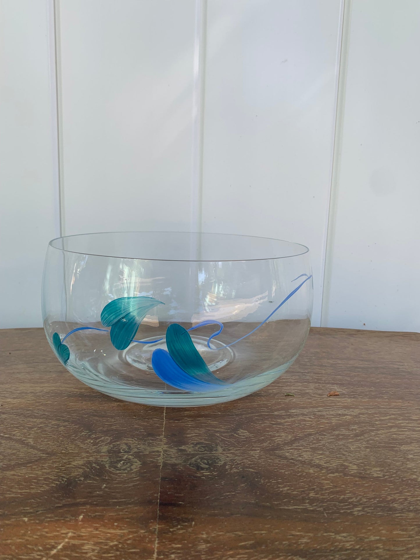 Vintage Hand Painted Blue and Green Leaf Glass Bowl