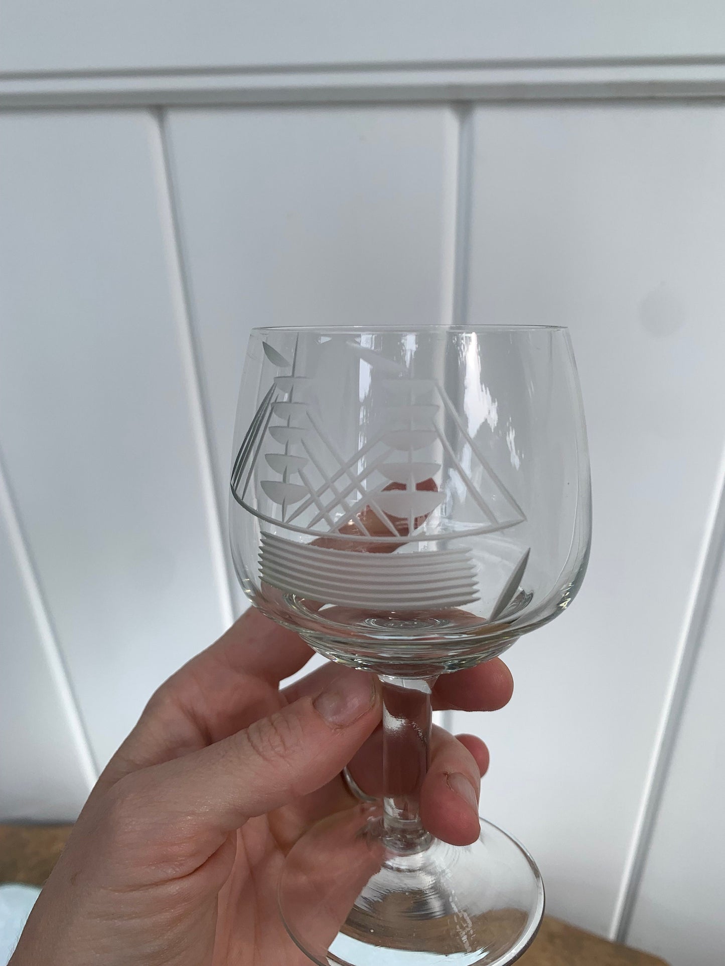 Vintage Set of 4 Etched Sailboat Wine Glasses