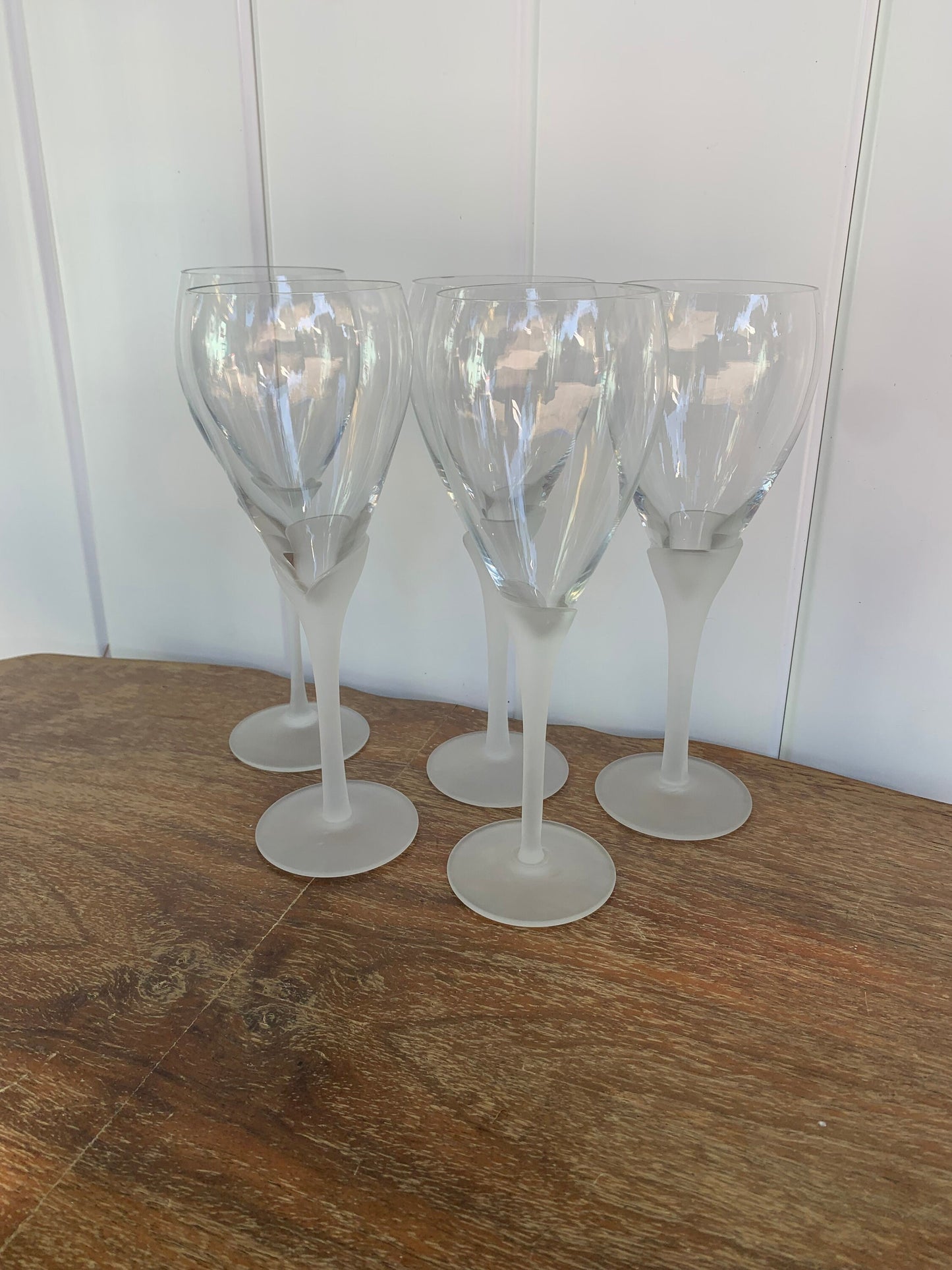 Vintage Set of 5 Tall Frosted Stem Wine Glasses