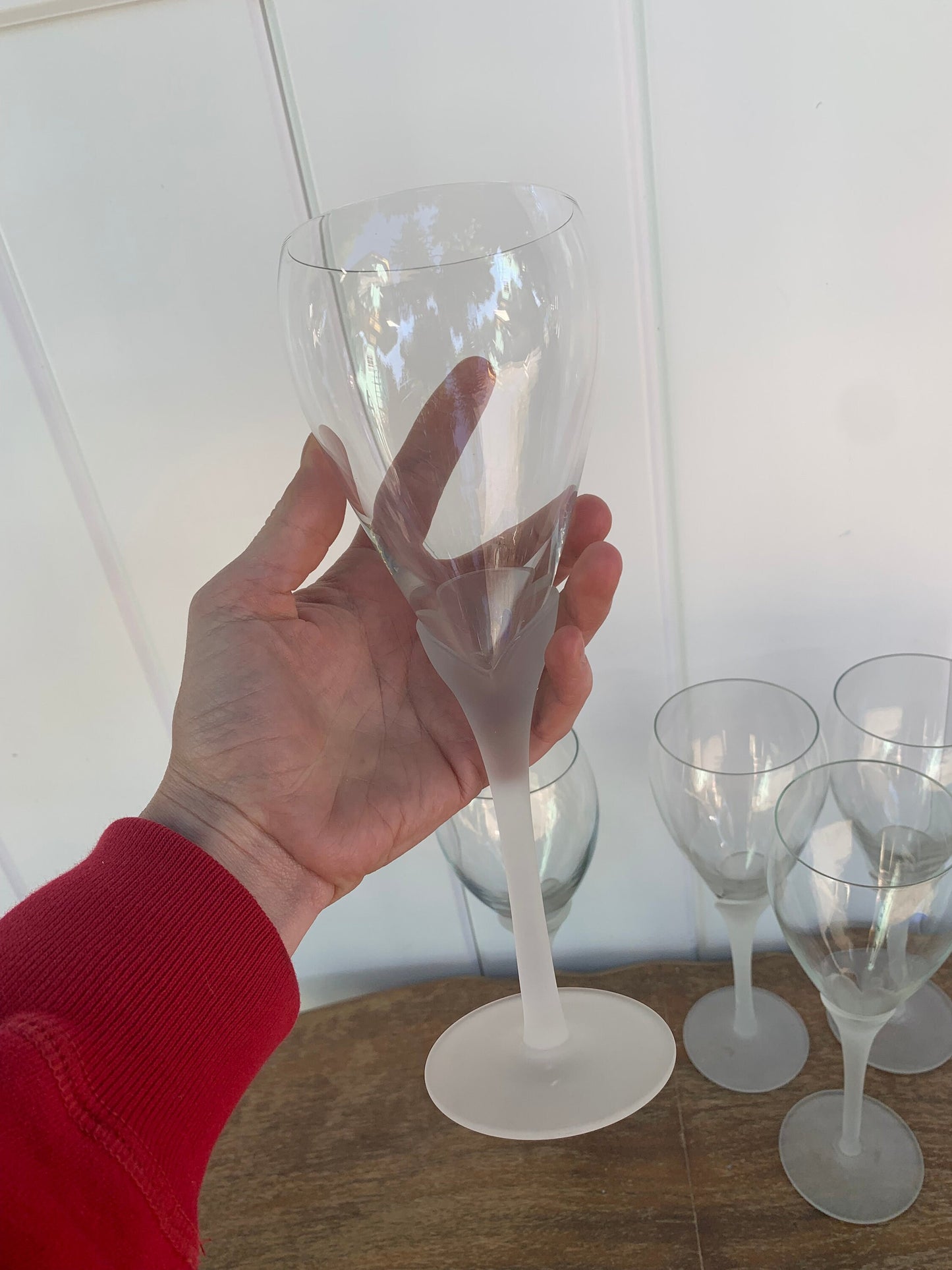 Vintage Set of 5 Tall Frosted Stem Wine Glasses