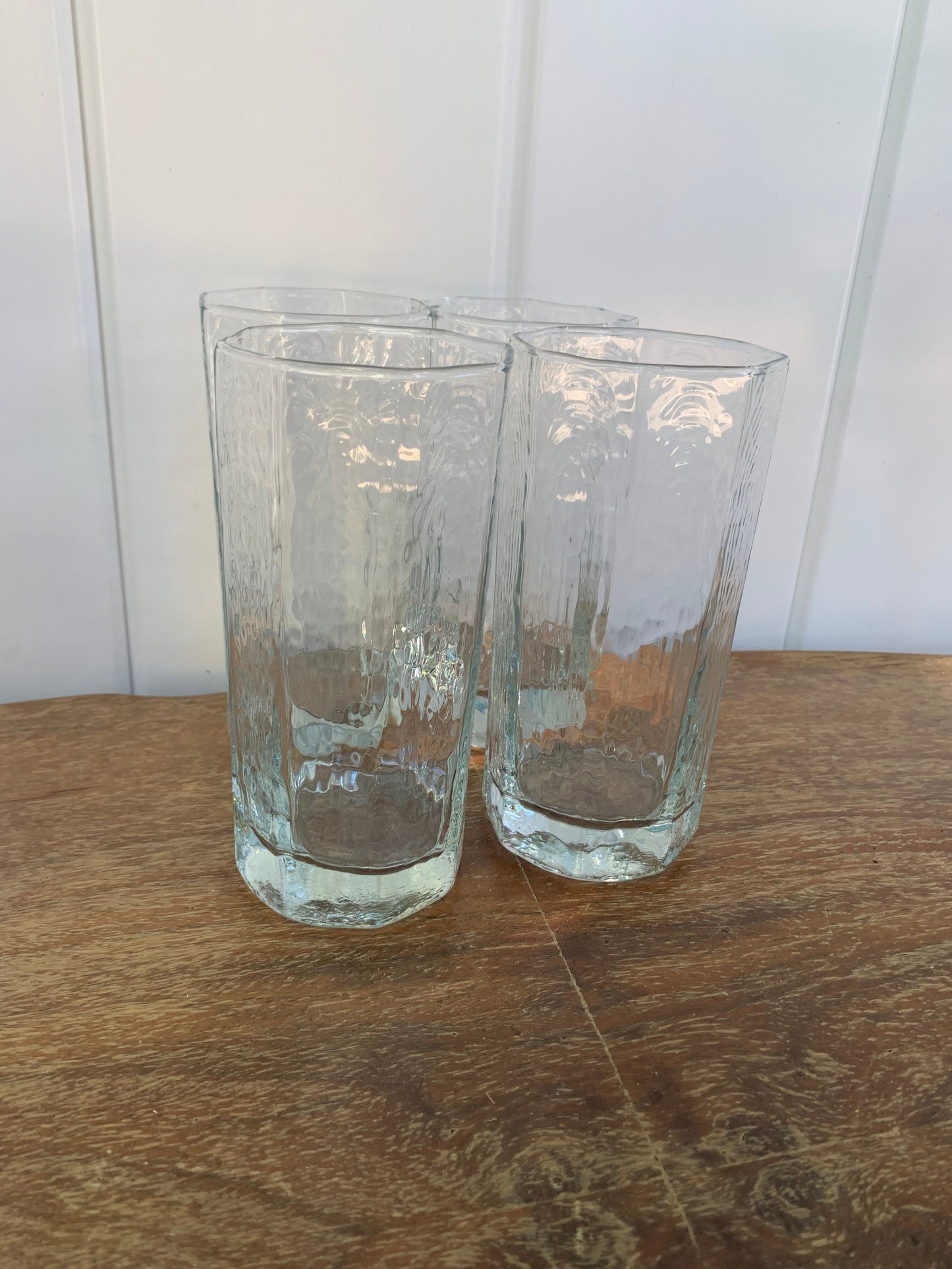 Set of 4 Retro Tall Clear Octagonal Hammered Drinking Glasses