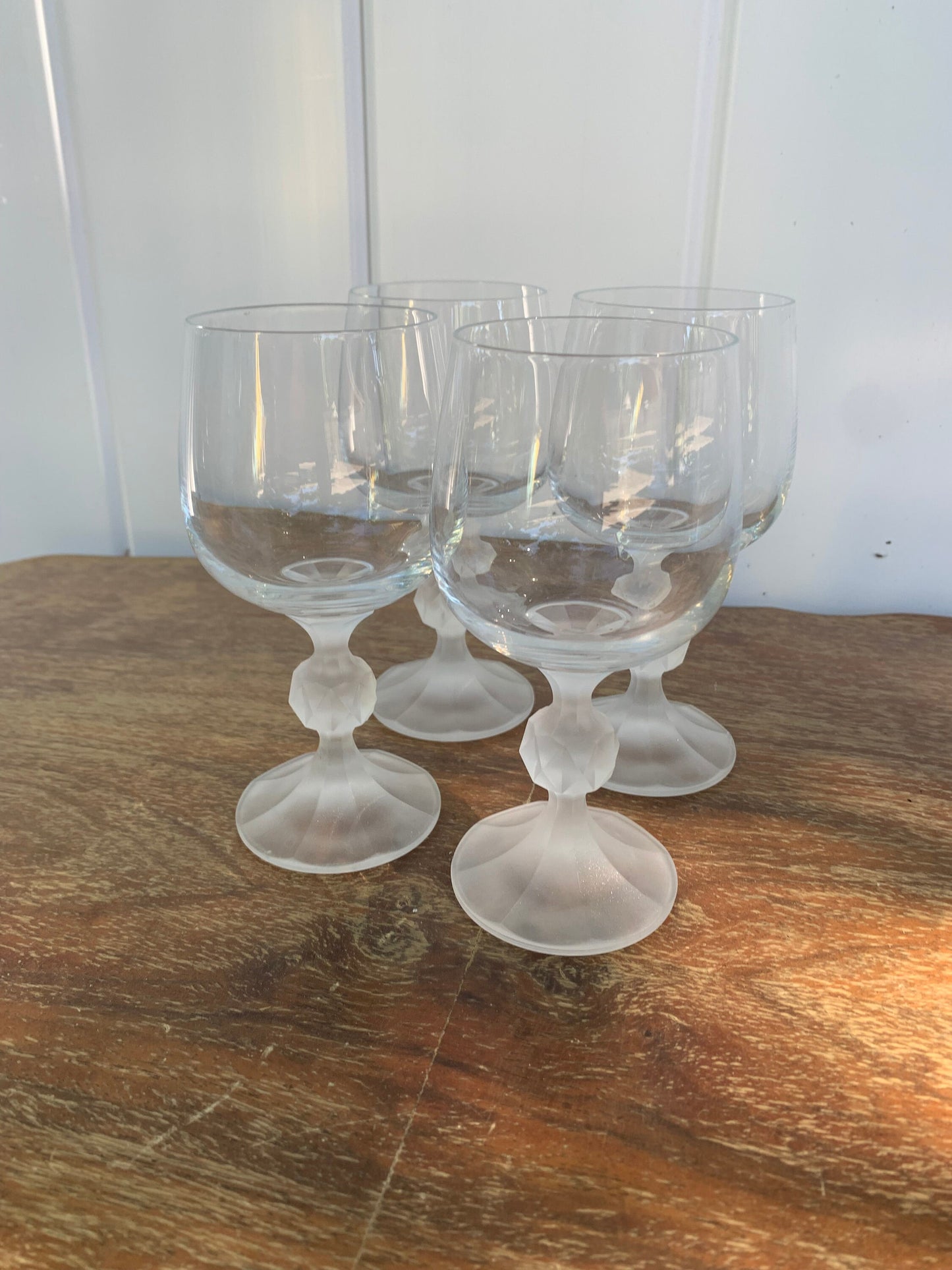 Retro Set of 4 Bohemia Frosted Crystal Wine Glasses with Faceted Ball Stem 8 Oz