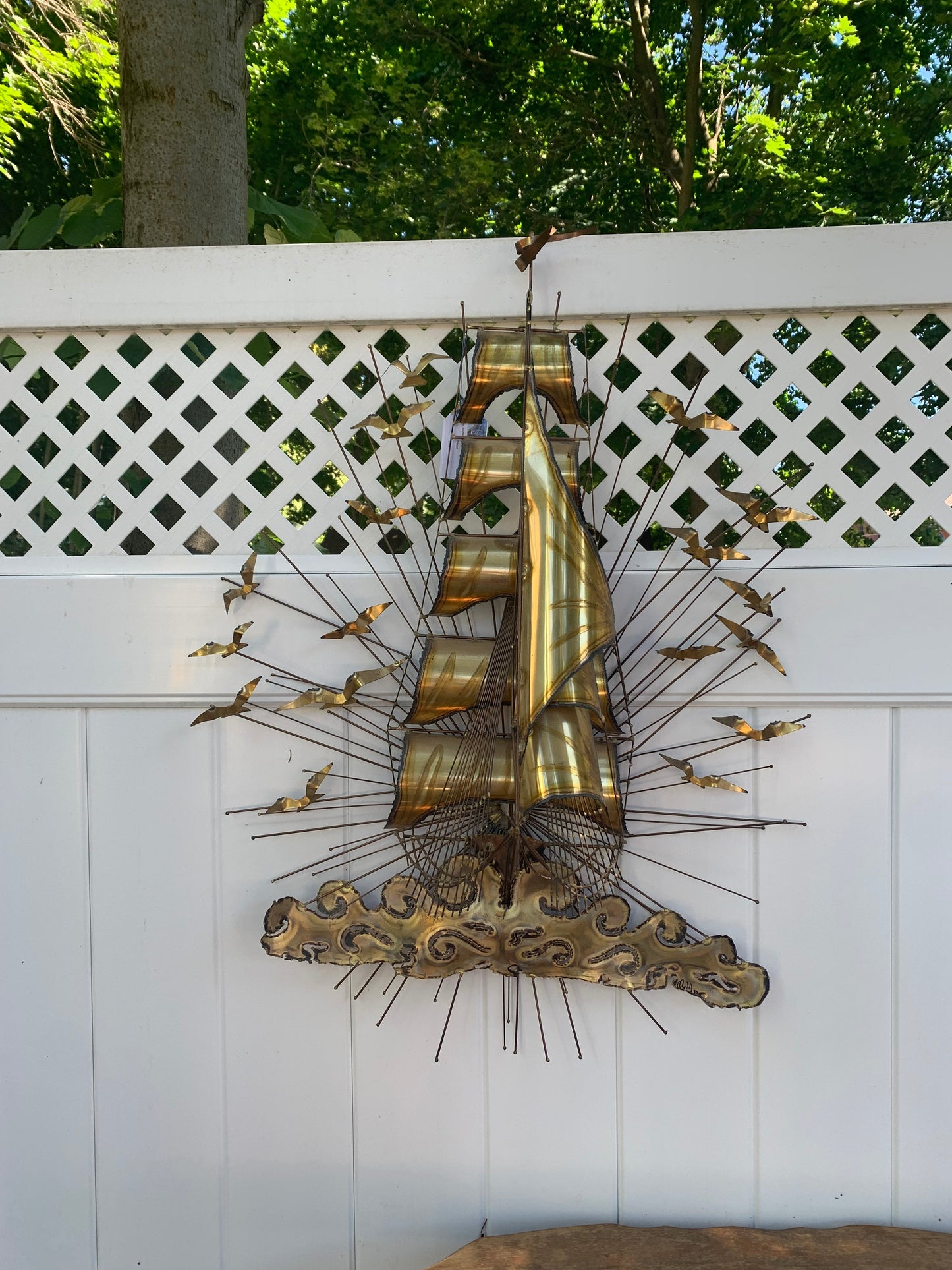 Retro 1983 Large Brass Ship Metal Sculpture by Mostel